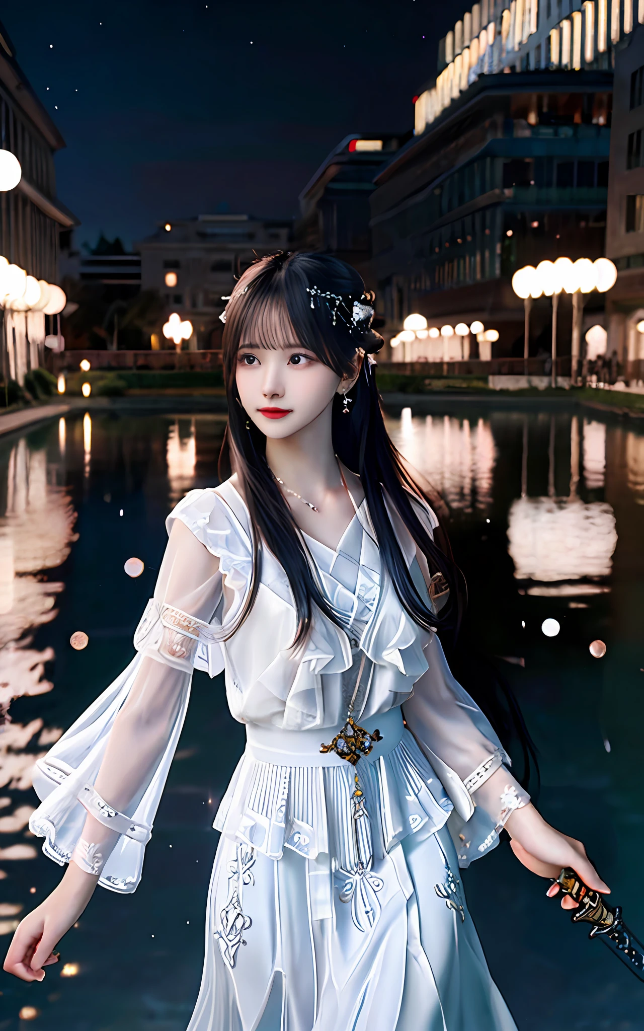 (realisticity: 1.2), best quality,masterpiece,highres,cg,
1girl,weapon,sword,long hair,dress,water,solo,jewelry,white dress,earrings,hair ornament,splashing,upper body,hair bun,black hair,
lighting,candid,Photograph,high resolution,4k,8k,Bokeh,