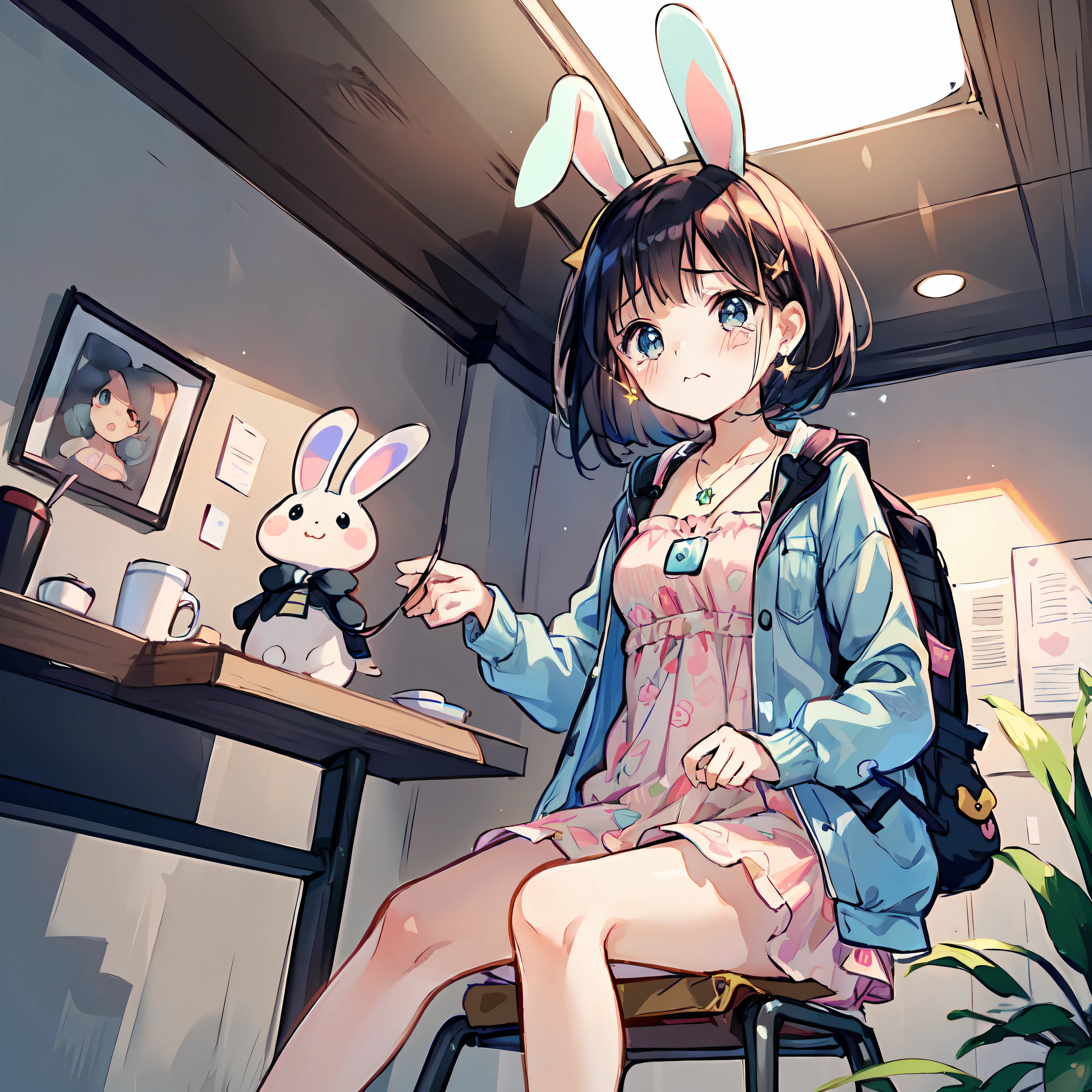 (Highly detailed CG Unity 8k wallpaper), (Best Quality), (Super Detail), (Best Illustration), (Best Shadow), POV, Realistic lighting and shading, Natural light, Lens flare effect, BREAK, 1 beautiful girl, Solo,(Cute:1.5),(Chibi:0.8), (kawaii:1.5),(Lori:0.5), BREAK, ((girl, Cute, Cheerful, face, slightly bulging chest,(A dark-haired,Disheveled short bob,tareme:1.2), gleaming skin, Stuffed rabbit,BREAK,(Rabbit backpack:1.2), (Denim jacket over floral dress:1.2), (White rabbit ear headband:1.0), (Black sneakers:1.0), (star-shaped earring:1.1), (a necklace:1.3), BREAK,(Crying with tears:1.1), (in a house,police station:1.3), (interview:1.3),(Sitting on a chair:1.5),(Angle from below)