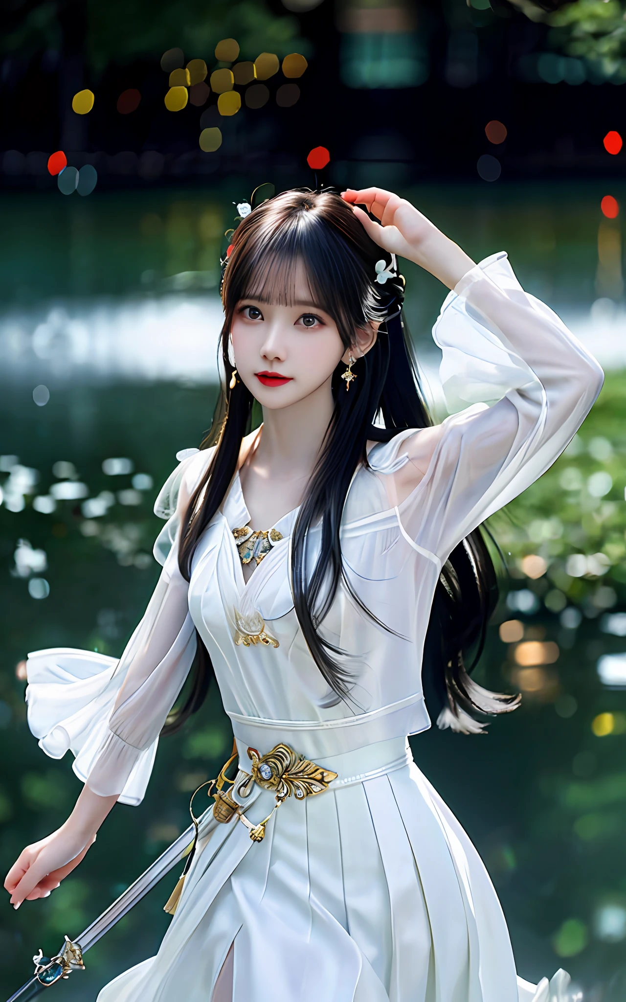 (realisticity: 1.2), best quality,masterpiece,highres,cg,
1girl,weapon,sword,long hair,dress,water,solo,jewelry,white dress,earrings,hair ornament,splashing,upper body,hair bun,black hair,
lighting,candid,Photograph,high resolution,4k,8k,Bokeh,