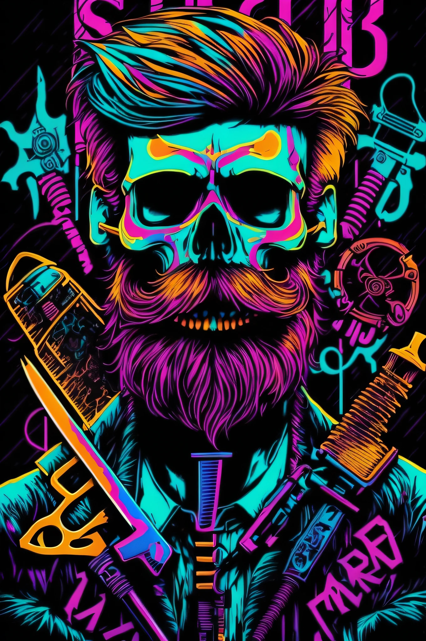 skull of a man with beard and mustache wearing a skull mask, cores ultravioleta e neon, No estilo Dan Mumford obra de arte, Altamente intrincado em technicolor, Neonpunk, arte colorida do filme, inspirado em Dan Mumford, full-colour illustration, cyberpunk cores vibrantes, Retrato de um esqueleto hipster, full-colour illustration, neon steampunk, Arte digital hiper colorida, Jen Bartel