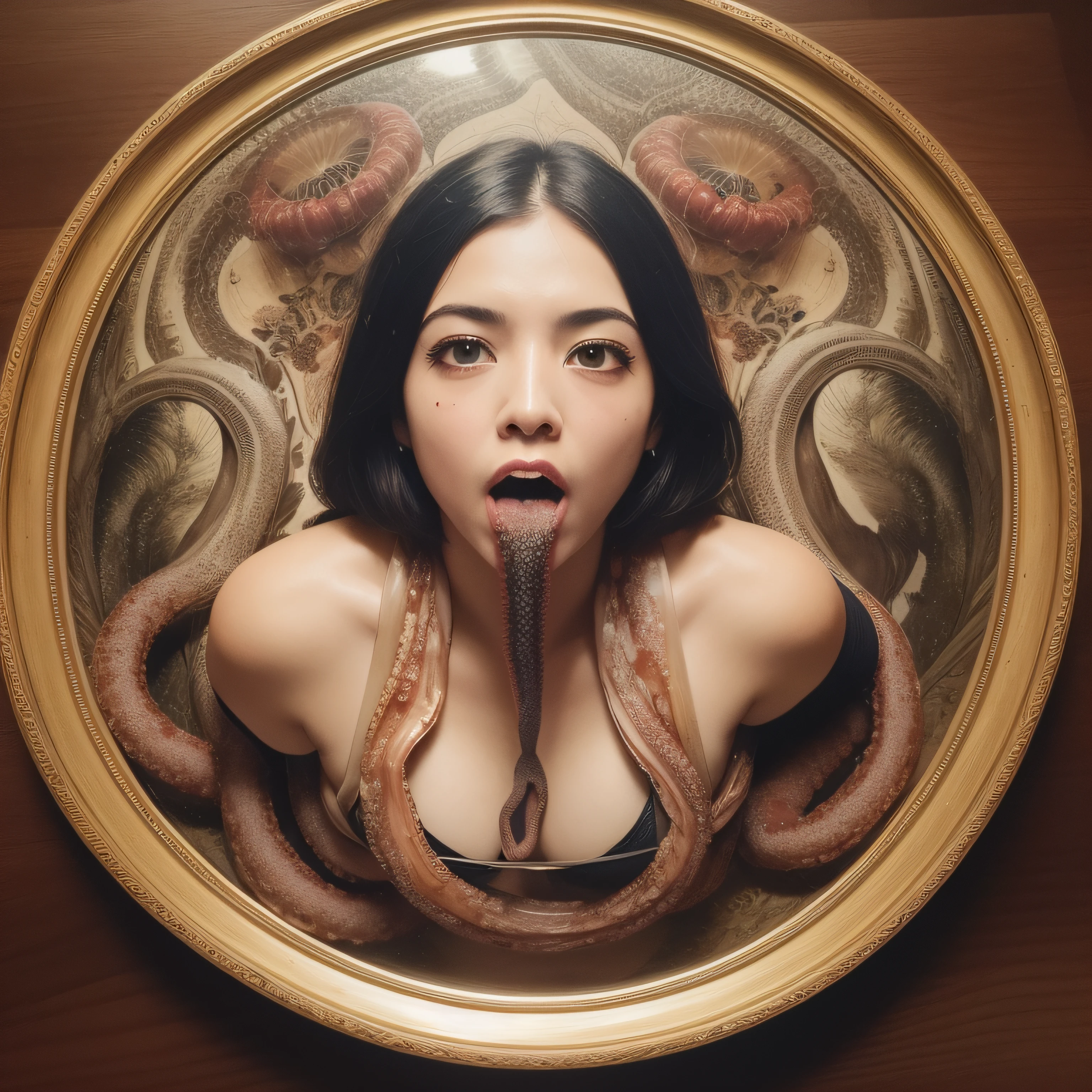(extremadamente detallado, obra maestra, La mejor calidad), Estilo oscuro, intense illumination, rostro con arrugas, lengua larga, tentacle, deforme, monstruoso, alien con Colmillos finos, pico de pulpo amenazante. manchas de tinta. Rococo composition. Luz de caravaggio