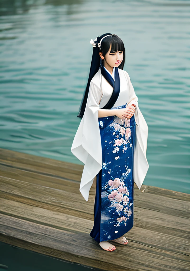 ((4k,masterpiece,best quality)), shuimobysim, traditional chinese ink painting, lotus, hanfu, maxiskit, dress conservatively
1girl, solo, long blue hair, smile, standing, feet in the water, barefoot,