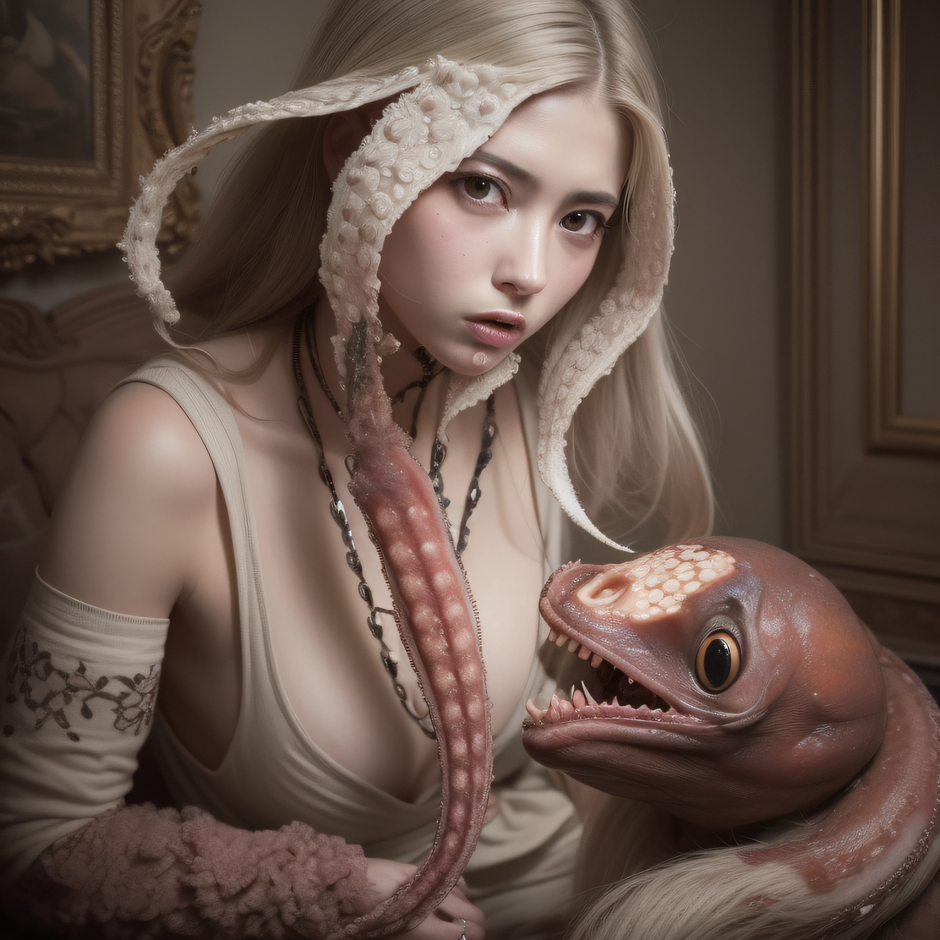 (extremadamente detallado, obra maestra, La mejor calidad), Estilo oscuro, intense illumination, rostro con arrugas, lengua larga, tentacle, deforme, monstruoso, alien con Colmillos finos, pico de pulpo amenazante. manchas de tinta. Rococo composition. Luz de caravaggio
