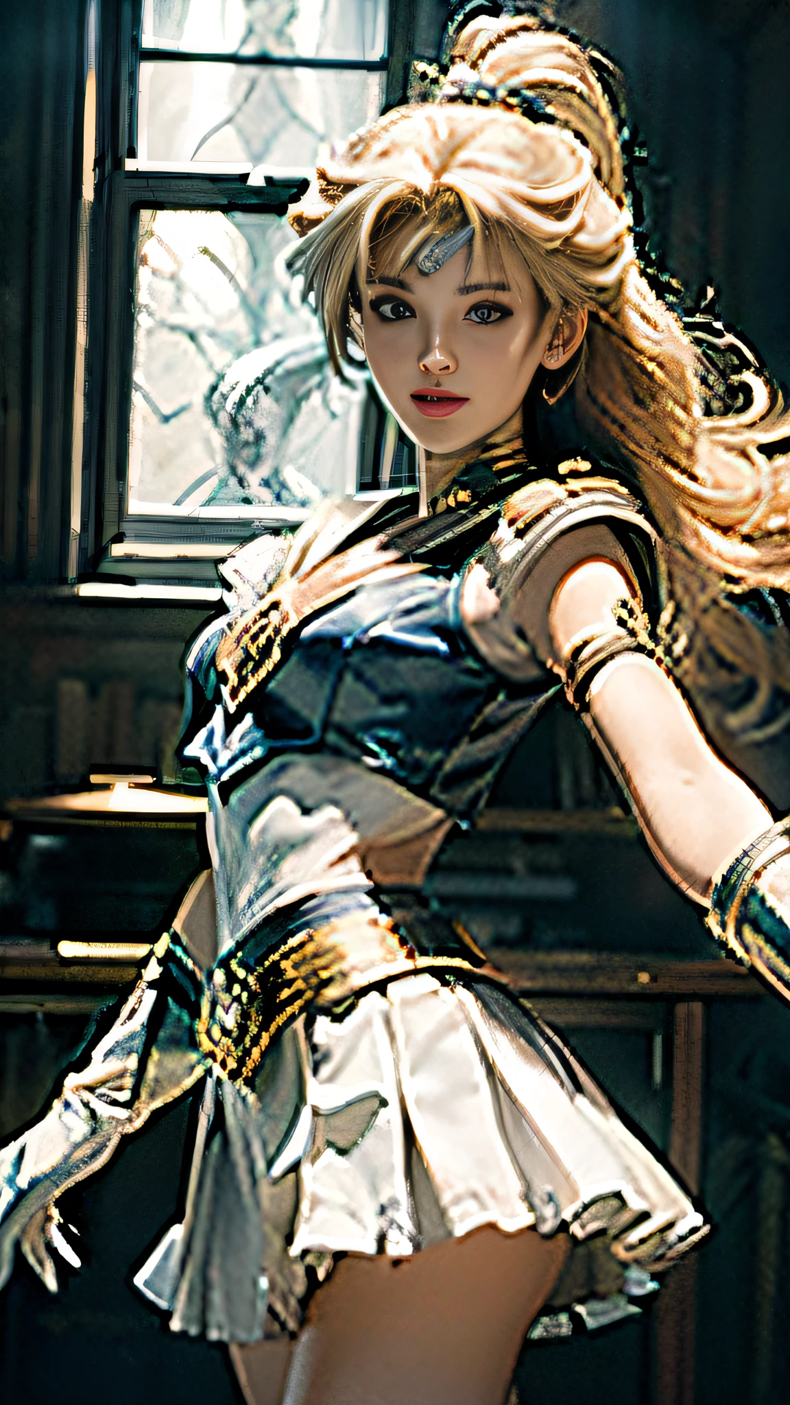 (Extreme detail CG Unity 8K wallpaper, masterpiece, highest quality), (exquisite lighting and shadow, highly dramatic picture, cinematic lens effect), (Sailor Moon: 1.1), charming smile, double tail, blue eyes, blond hair, tight top, white gloves, mini skirt, dynamic pose), the background is the universe (excellent detail, excellent lighting, wide angle), (excellent rendering, enough to stand out in its class),