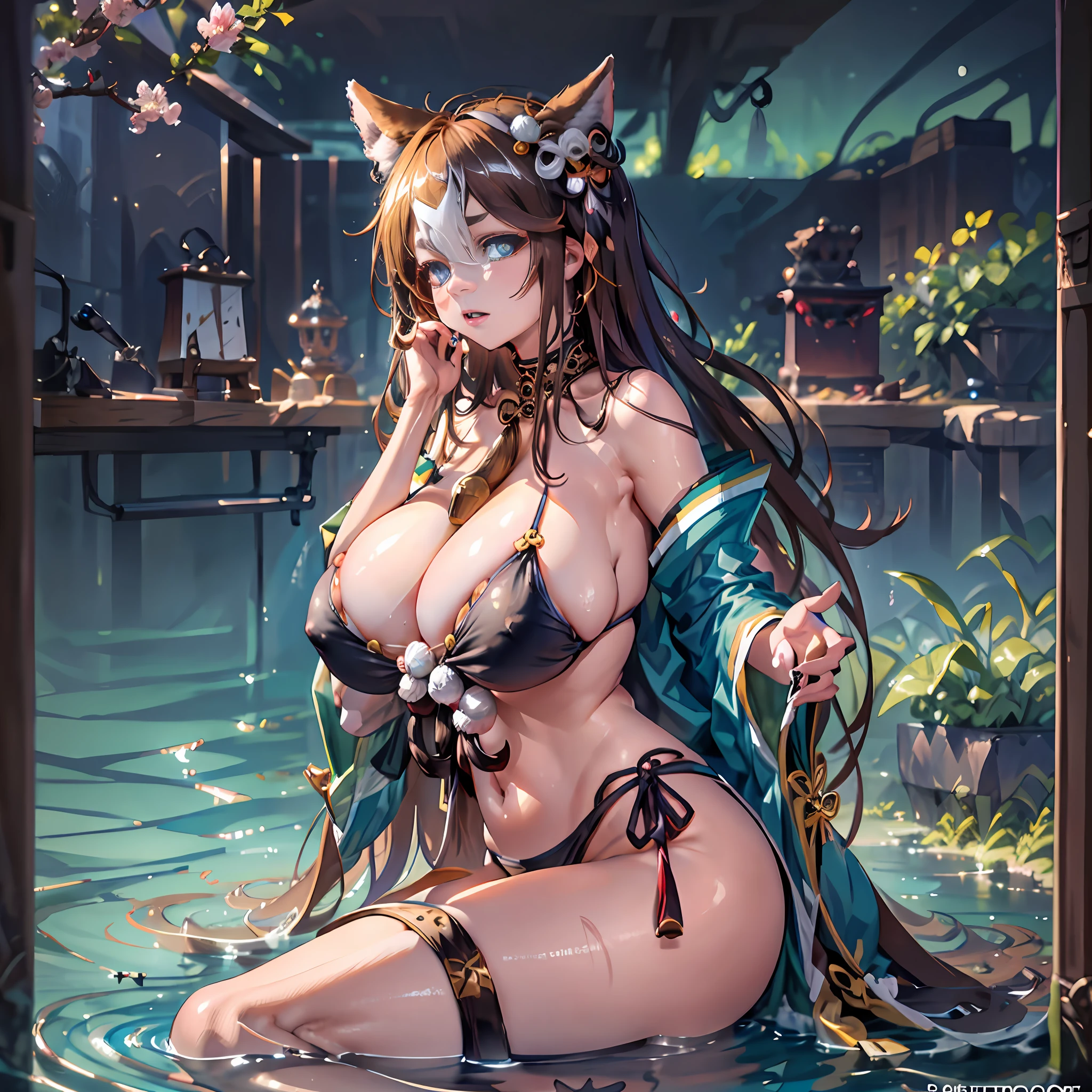 (NSTDA.:1.2), (10, beste-Qualit, master-piece: 1.4), ultra-high resolution, (lifelike, photorealistic portrait: 1.48), 20 age, Cute Girl, (See through the microcolor bikini beetle:1.11), Famous Japanese actors, gigantic breasts, Blue Eyes, long-haired, Love Fox Ear, Head tilt, cowboy shot, from the side, looking at the audience, expressionless, Beautiful lake, Zeiss 150mm F/ 2.8 Hasselblad, In Japanese shrines, Whole body, foot, Ultra-Wide Angle