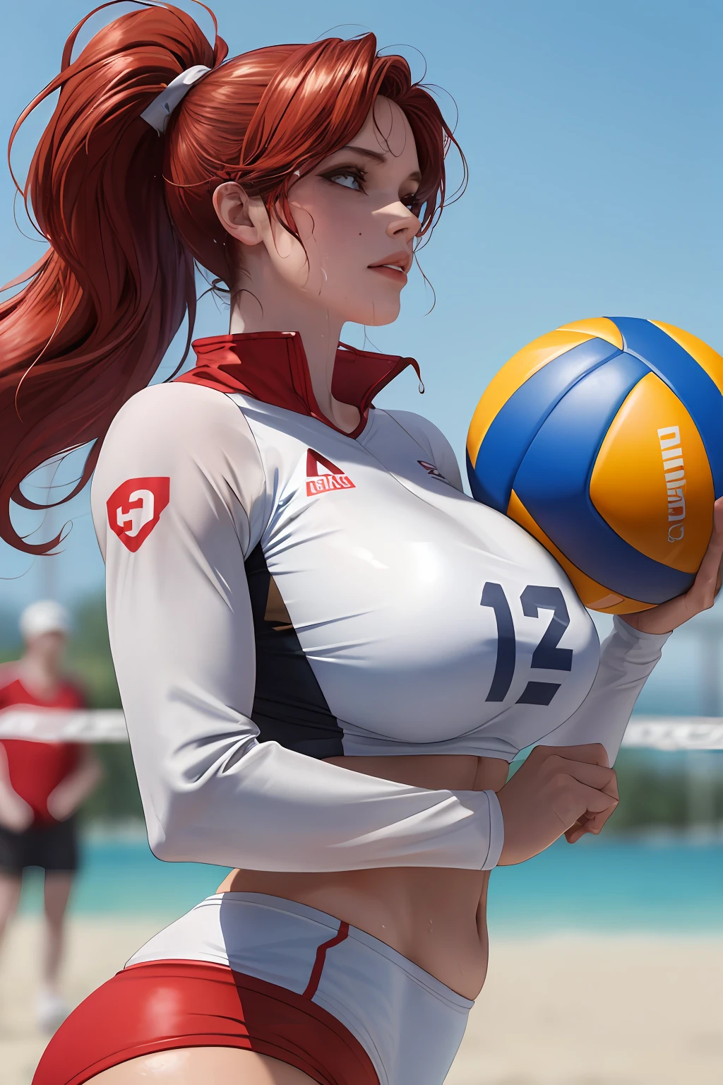 Masterpiece:1.2, Best quality), Realistic, (Real picture, Intricate details, Depth of field), (1girll, Solo), make up, parted lip, highly detailed, Perfect face,
(Huge breasts:1.4), (skin indentation), Thick thighs, Wide hips, Small waist, Tall, glossy coral lips,
red hair, Red eyes, pony tails,
(A girl playing volleyball, white volleyball suit), (full of sweat:1.2), (Wet), Sexy, Blushing,