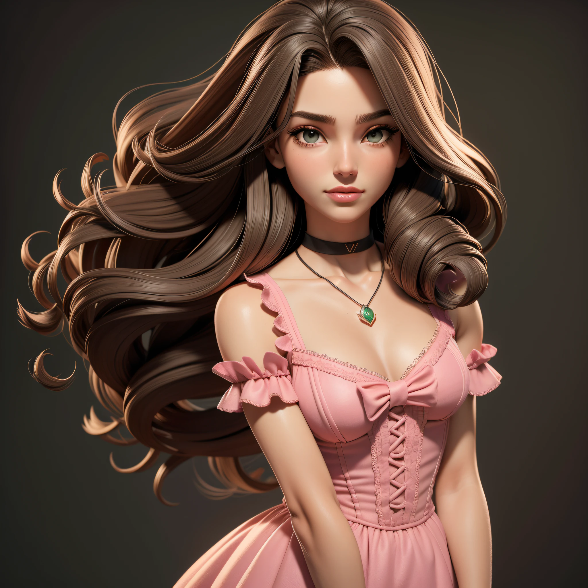 obra-prima, corpo inteiro, melhor qualidade, trabalho de rending 3d, estilo 3DMM, close-up, retrato, 3D, 1girl, solo, cabelo castanho, colar de corda, olhando para o lado, realista, parte superior do corpo, fundo simples, franja, olhando para longe, cabelo preto longo, separated-lips, gargantilha, maquiagem, cabelo encaracolado castanho longo, olhos verdes, vestido rosa, decote, aerith gainsborough, aerith