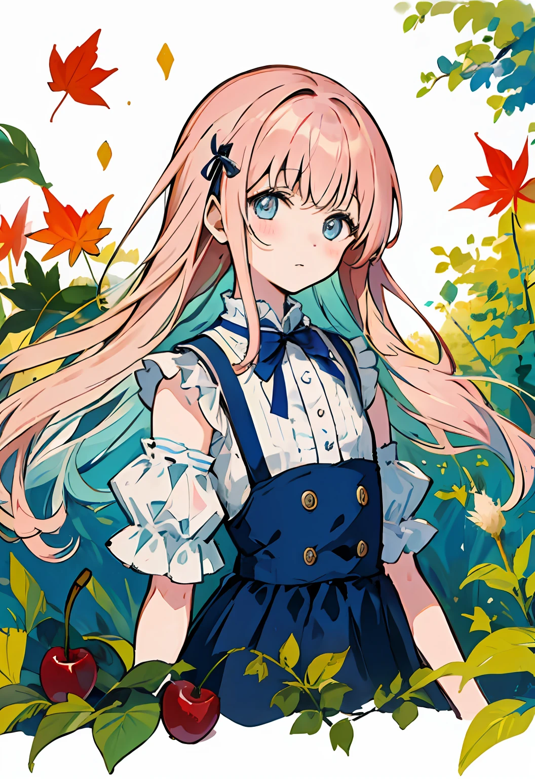 tmasterpiece,Best quality at best,astounding,Intricate and refined delicate details,Very detailed cute illustration,Very detailed cute wallpaper,high-resolution illustrations,dramatic angles,white background,full body,
独奏,(children's:1.3),(adolable:1.0),Beautiful cute eyes,Extremely cute face,Long cherry pink hair,blue colored eyes,(beatiful detailed eyes:1.2),a flat chest,(aki_shizuha:1.3),sitted,white_frilled_blouse,upper_body,cat ear,Cattail cherry pink hair,maple_leaves,Short socks,shoe,Cute action,adorable expression,(Arm behind your back:1.1),(maple_ leaf_hairpin:1.4),