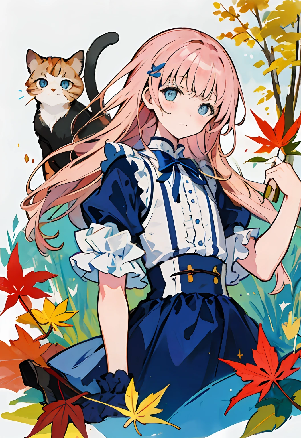 tmasterpiece,Best quality at best,astounding,Intricate and refined delicate details,Very detailed cute illustration,Very detailed cute wallpaper,high-resolution illustrations,dramatic angles,white background,full body,
独奏,(children's:1.3),(adolable:1.0),Beautiful cute eyes,Extremely cute face,Long cherry pink hair,blue colored eyes,(beatiful detailed eyes:1.2),a flat chest,(aki_shizuha:1.3),sitted,white_frilled_blouse,upper_body,cat ear,Cattail cherry pink hair,maple_leaves,Short socks,shoe,Cute action,adorable expression,(Arm behind your back:1.1),(maple_ leaf_hairpin:1.4),