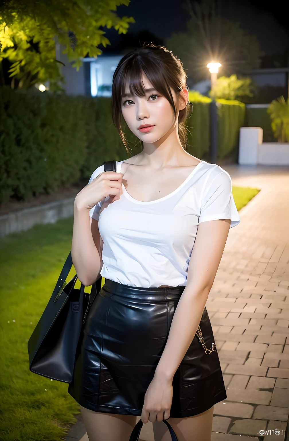 ((8K:1.27)、top-quality、masterpiece、超A high resolution:1.2)Photo beautiful Chinese woman(pleasing:1.1) (White shirt:1.21) Design by Gregg Lutkowski and Alphonse Mucha Intricate Elegance、Fantasia、detail、Geometry、Gradient lighting、1girl in、Delicate skin、looking at the viewers、Brown-eyed、(short hair with bangs:1.2)、(Medium chest:1.0)、(medium areola:0.8)、(realisitic:1.4)、(top-quality:1.0)、(超A high resolution:1.0)、8K、Raw photography、(masterpiece:0.2)、(pureerosface_v1:0.5)、 Simple camisole、Park at night、outside of house、mid night、Be proud、Black flared skirt、Ultra mini skirt、Pull up the skirt yourself、28 year old、tote bags、Hot、perspiring、Tight shirt、