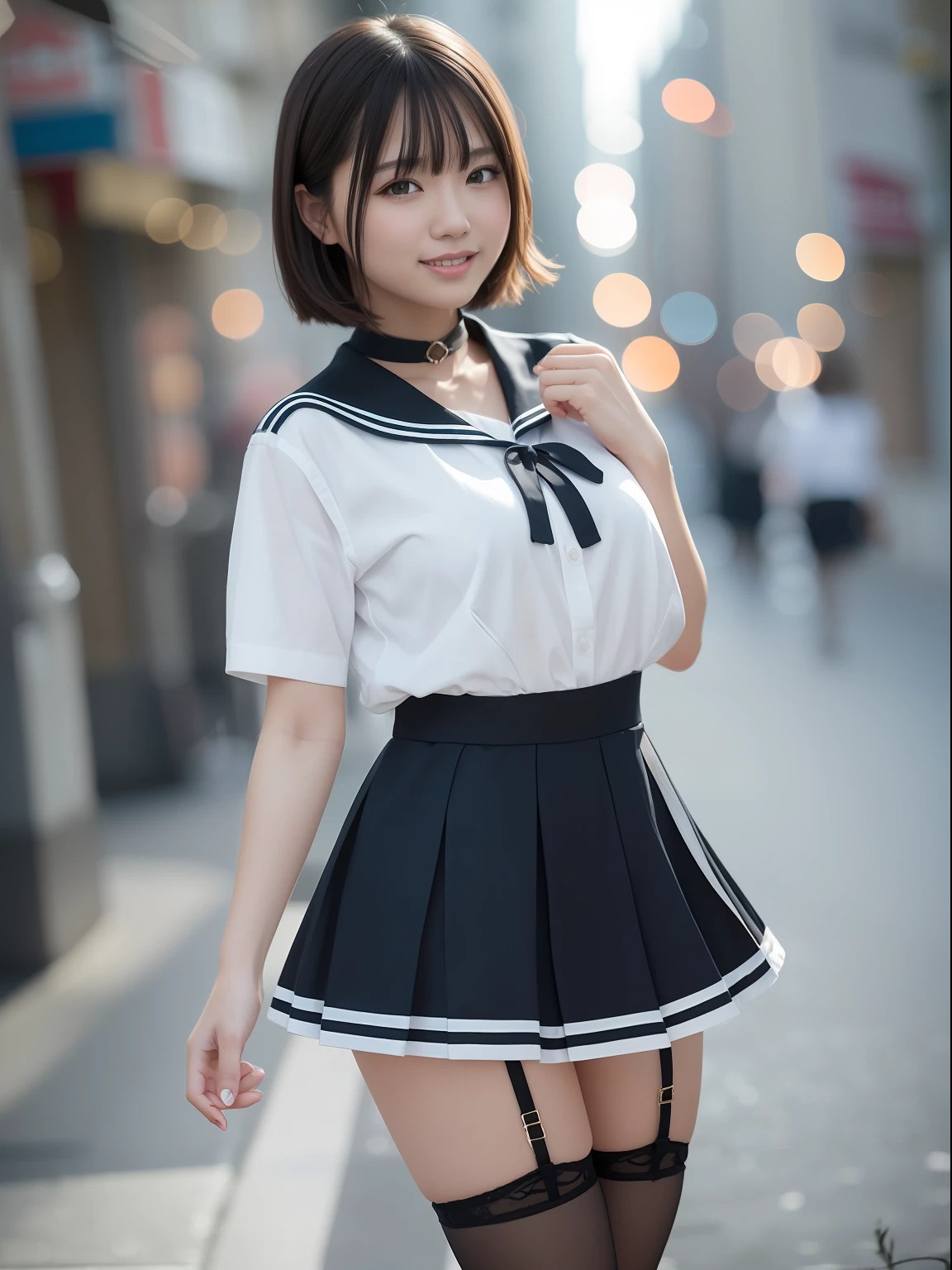 (masuter piece:1.3)、(top-quality:1.4)、超A high resolution、(eye detailed)、(facial features details)、(The specifics of the features of clothing)、nffsw、8K分辨率、solofocus、bangss、skintight、(shinny skin) )、(Slender girl)、Dreamy、(Extremely detailed illustration)、Check Commentary、Commentary Request、landscapes、No letters、VirtualGirl-Rin、Happy、A smile、Beautiful B Cup Breasts、bangss、bobhair、short-hair、Brown hair、Brown-eyed、Black Choker、1 female、Pupils、hi-school girl、White High School Uniform、a sailor suit、Dark blue pleated skirt、Stockings、espadrilles、Happy smile、The background is bokeh、Windy