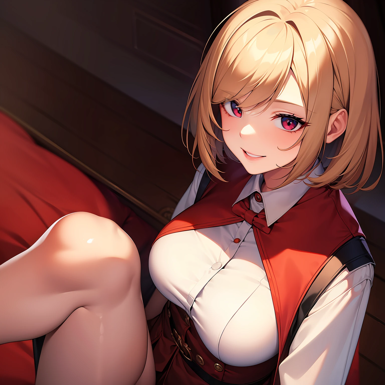 masterpiece, highres, best quality, 1girl solo, short beige-colored hair, detailed eyes, crimson eyes, smile, red school uniform