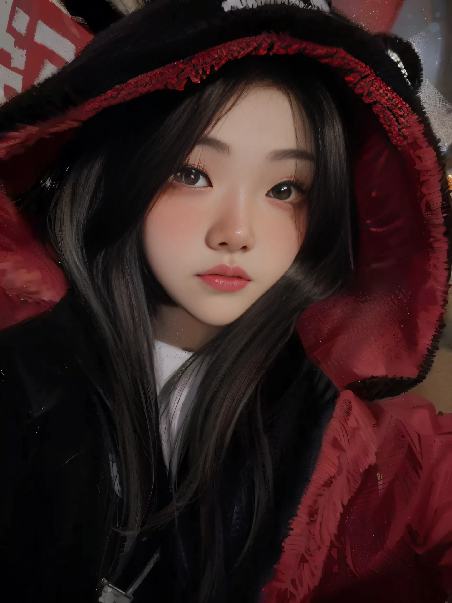 Allafed asian woman in red and black hoodie, ulzzangs, wan adorable korean face, black haired girl wearing hoodie, She has a cute face, young cute wan asian face, 19-year-old girl, girl wearing hoodie, 🤤 girl portrait, xintong chen, Ruan cute vtuber, young lovely Korean faces, shikamimi