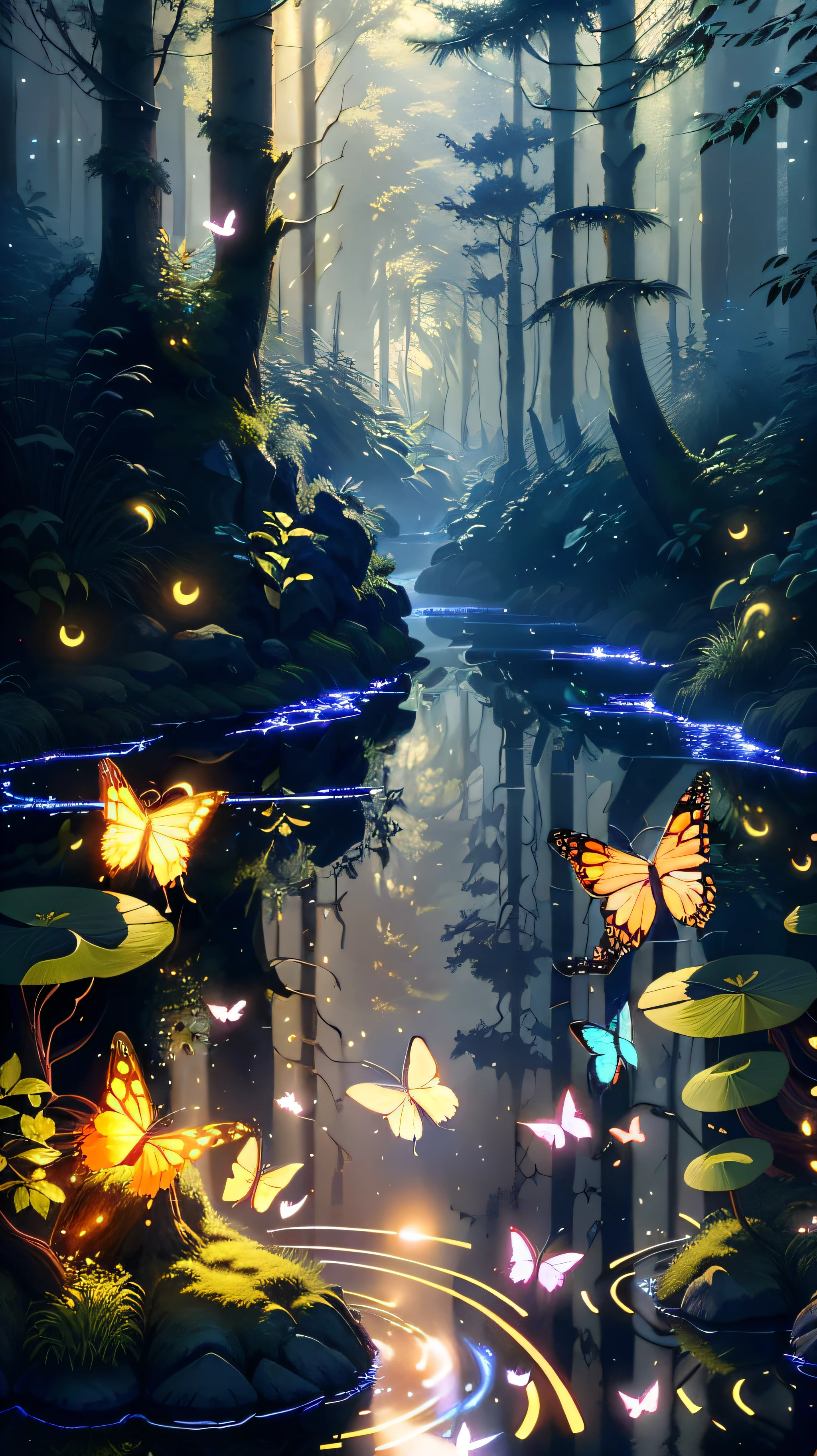 A masterpiece, the best quality, stunning reflections, the best reflections ever. (very detailed CG unity 8k wallpapers), (best quality), (best illustrations), (best shadows), forest theme with natural elements. Tall trees, quiet streams, small glowing mushrooms surrounded by delicate leaves and branches, with fireflies and glowing particle effects,, (natural elements), (jungle theme), (leaves), (twigs), (fireflies), butterflies, (delicate leaves), (glow), (particle effects). , Isometric 3D, Octane Rendering, Ray Traced, Super Detailed