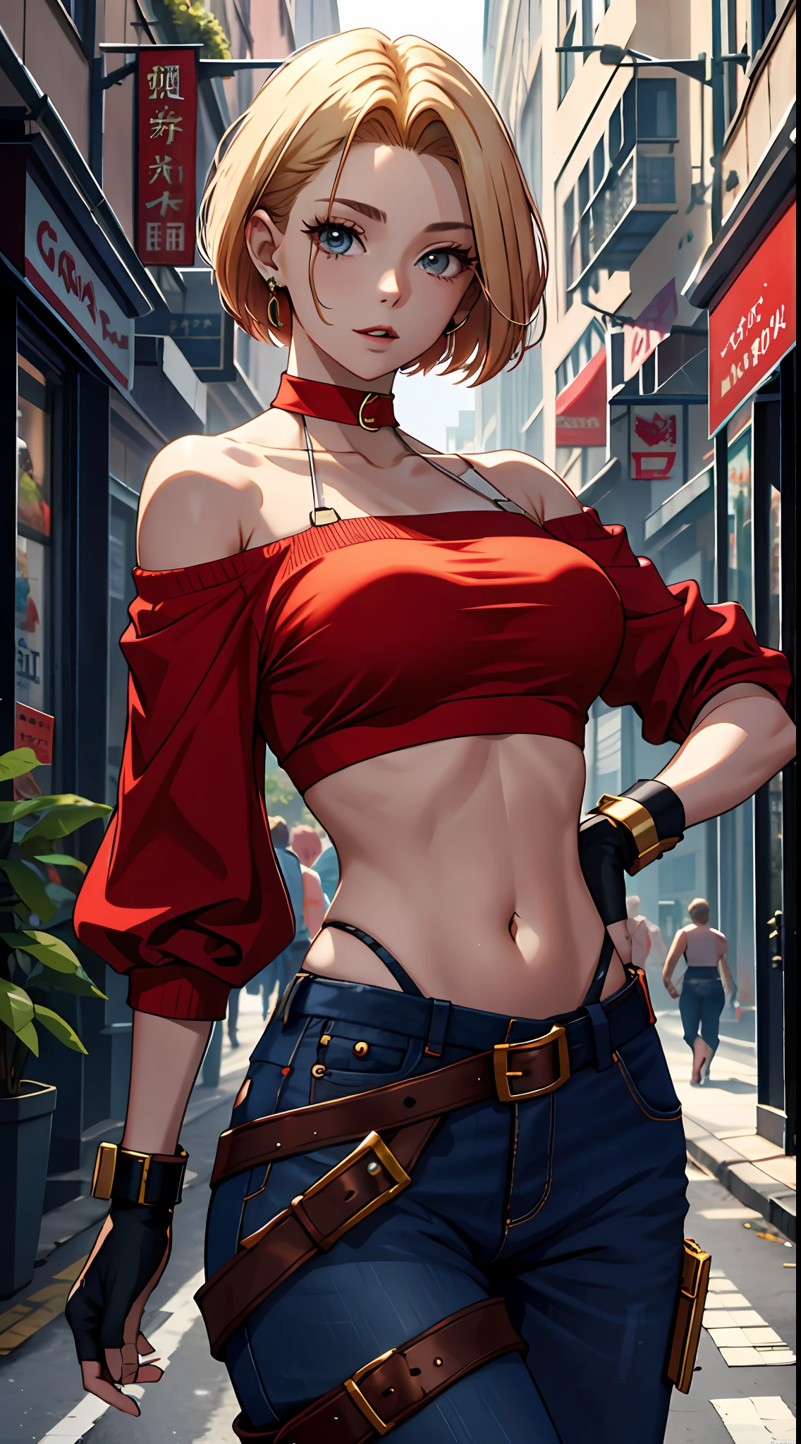 tmasterpiece,, Best quality at best, A high resolution, 1girll,Off-the-shoulder attire，， with short golden hair，Red clothes，mary，hason, Crop top, (Breast width1.4), nabel，Fighting posture，cyber punk perssonage，City streets