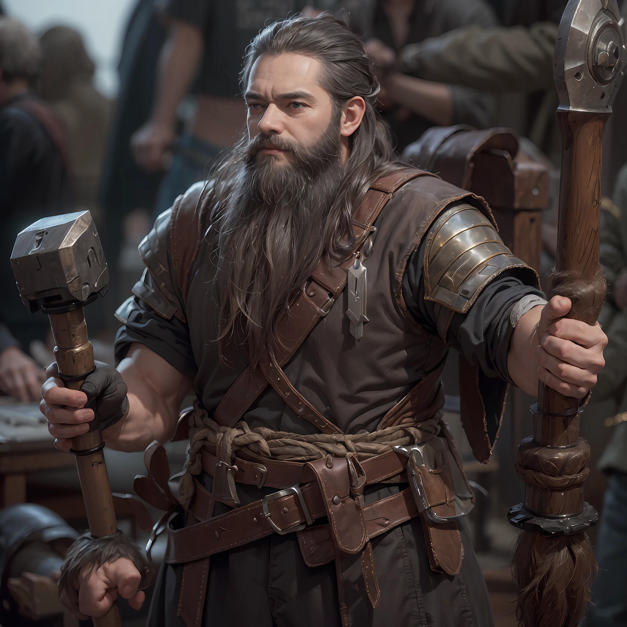(masuter piece:1.3)、(8K、Photorealsitic、Raw photography、top-quality: 1.4)、超A high resolution、A hyper-realistic、high-detail、blacksmith、dwarves、a beard、Short stature、Carrying a hammer、musculature