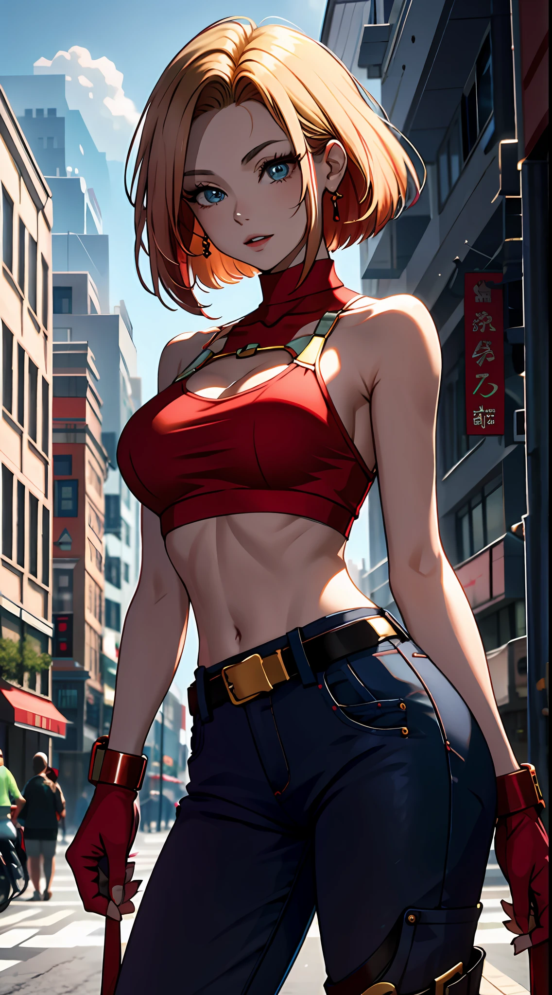 tmasterpiece,, Best quality at best, A high resolution, 1girll,Off-the-shoulder attire,, with short golden hair,Red clothes,mary,hason, Crop top, (Breast width1.4), nabel,Fighting posture,cyber punk perssonage,City streets