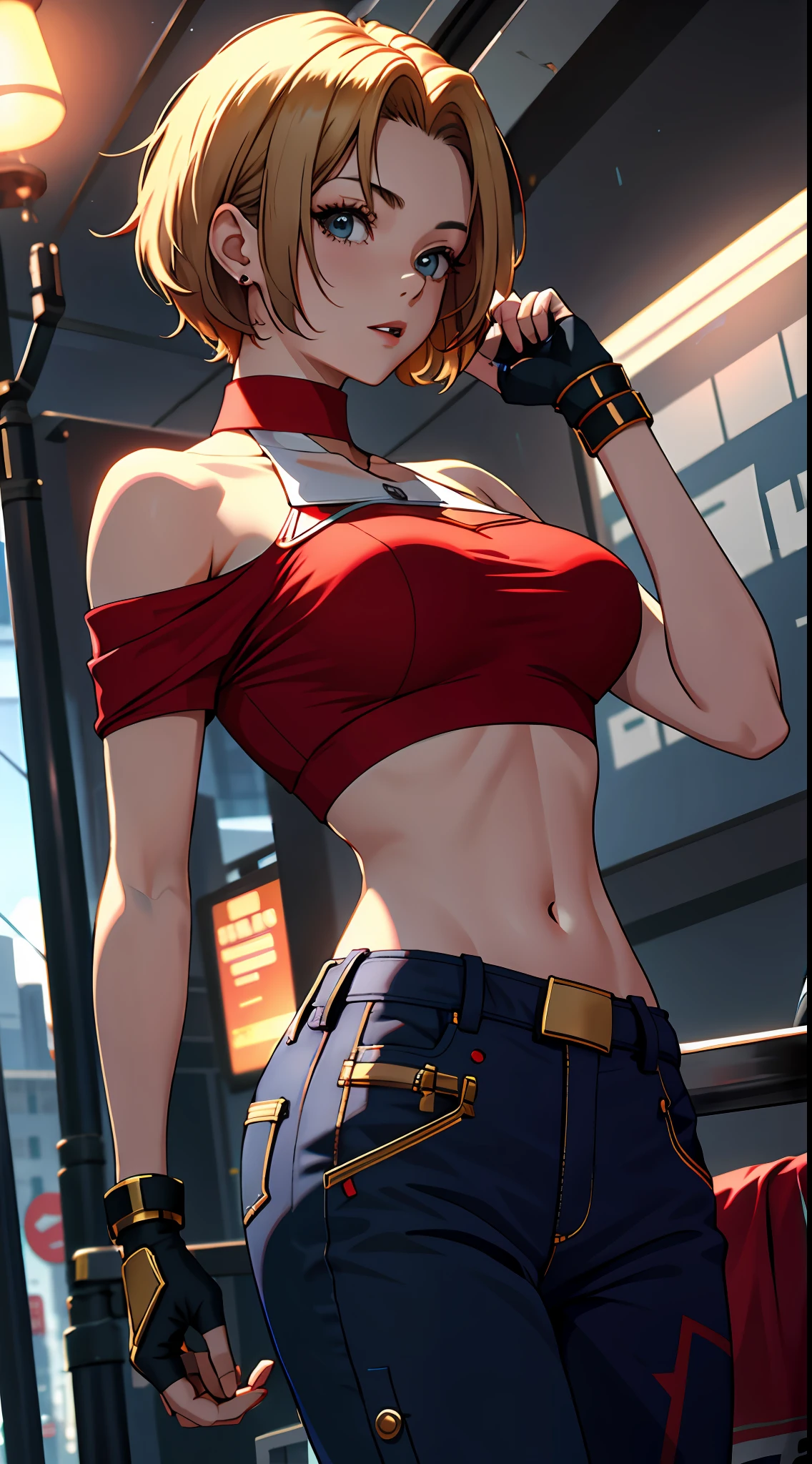 tmasterpiece,, Best quality at best, A high resolution, 1girll,Off-the-shoulder attire，， with short golden hair，Red clothes，mary，hason, Crop top, (Breast width1.4), nabel，Fighting posture，cyber punk perssonage，City streets