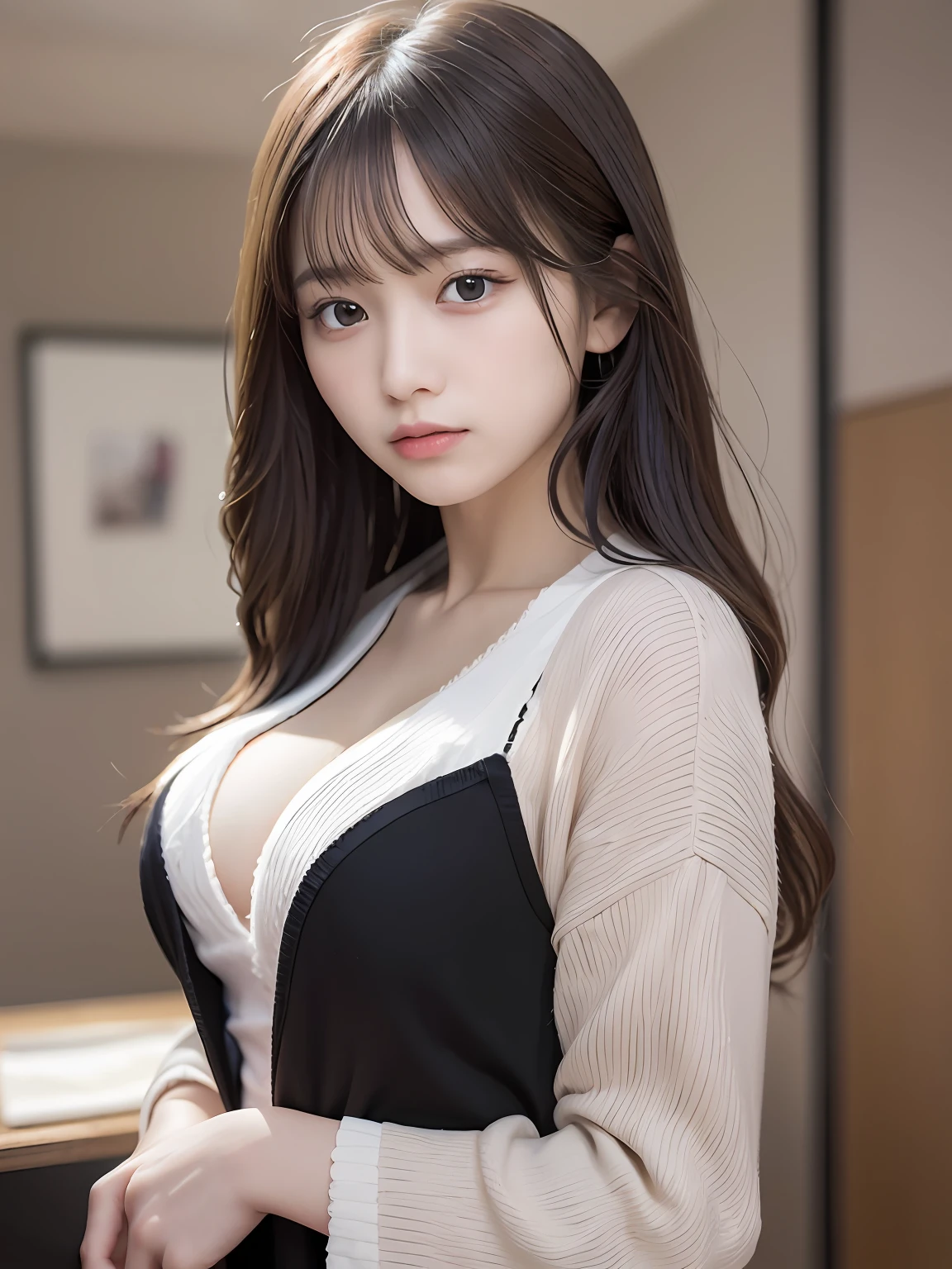 tmasterpiece，top-quality，offcial art，highly detailed CG Unity 8k wallpapers，Like schoolgirls，16yo girl，very delicate beautiful，超A high resolution，（realisticlying：1.4），golden hour lighting，（The upper part of the body），（Platinum shorthair：0.8），（puffy eye），looking at viewert，facingfront，ssmile，JK skirt，校服，Shirt boosts long black hair，（jiayi：1.5）， closeup cleavage， tmasterpiece， best qualtiy， RAW photogr， realisticlying， the face， Incredibly Ridiculous res， beuaty girl， depth of fields， A high resolution， ultra - detailed， finedetail， The is very detailed， extremely detailed eyes and face， Sharp pupils， realistic pupil， tack sharp focus， cinmatic lighting