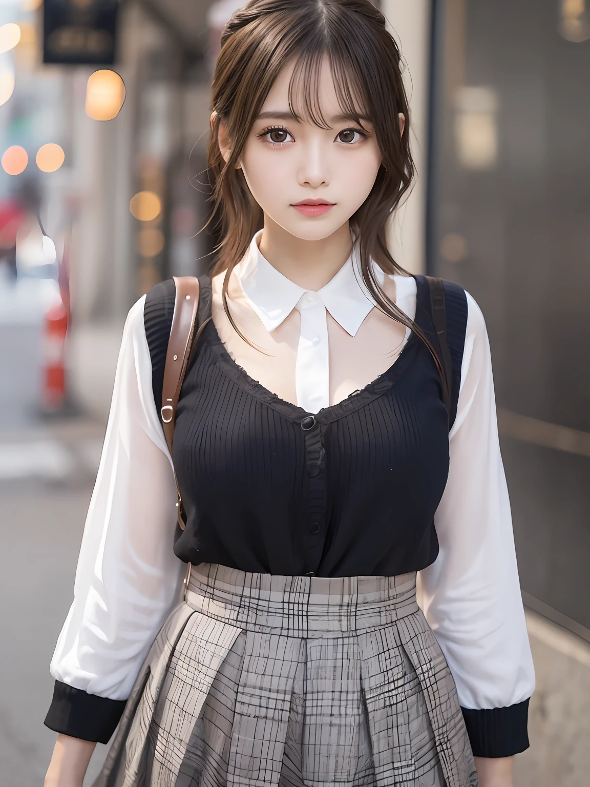 tmasterpiece,top-quality,offcial art,highly detailed CG Unity 8k wallpapers,Like schoolgirls,16yo girl,very delicate beautiful,超A high resolution,(realisticlying:1.4),golden hour lighting,(The upper part of the body),(Platinum shorthair:0.8),(puffy eye),looking at viewert,facingfront,ssmile,JK skirt,校服,Shirt boosts long black hair,(jiayi:1.5), closeup cleavage, tmasterpiece, best qualtiy, RAW photogr, realisticlying, the face, Incredibly Ridiculous res, beuaty girl, depth of fields, A high resolution, ultra - detailed, finedetail, The is very detailed, extremely detailed eyes and face, Sharp pupils, realistic pupil, tack sharp focus, cinmatic lighting