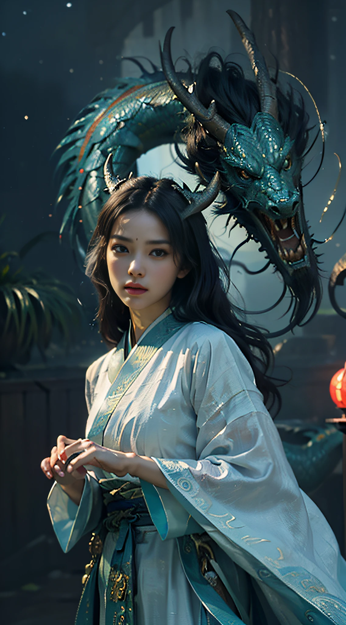 tmasterpiece,best qualtiy,realisticlying,photorealestic,The painting depicts a woman standing next to a dragon,The background is an incomparably vast starry sky,The whole painting uses cute and authentic portraits(Handsome realistic portrait style),And has dark blue eyes。Long hair fluttering and cute(Cute:2),hands behind body,Make mischievous expressions,The whole painting shows excellent realism and detail(photorreal details),Light and shadow tracking,Rich in detail,Close-up of a woman in Han costume with a dragon,Portrait of a dragon girl,Dragon-inspired cloth robe,asiagirl,Long flowing black hair,Dragon girl,Dragon in the background,Golden dragon,Hanging ornaments,Chinese fantasy