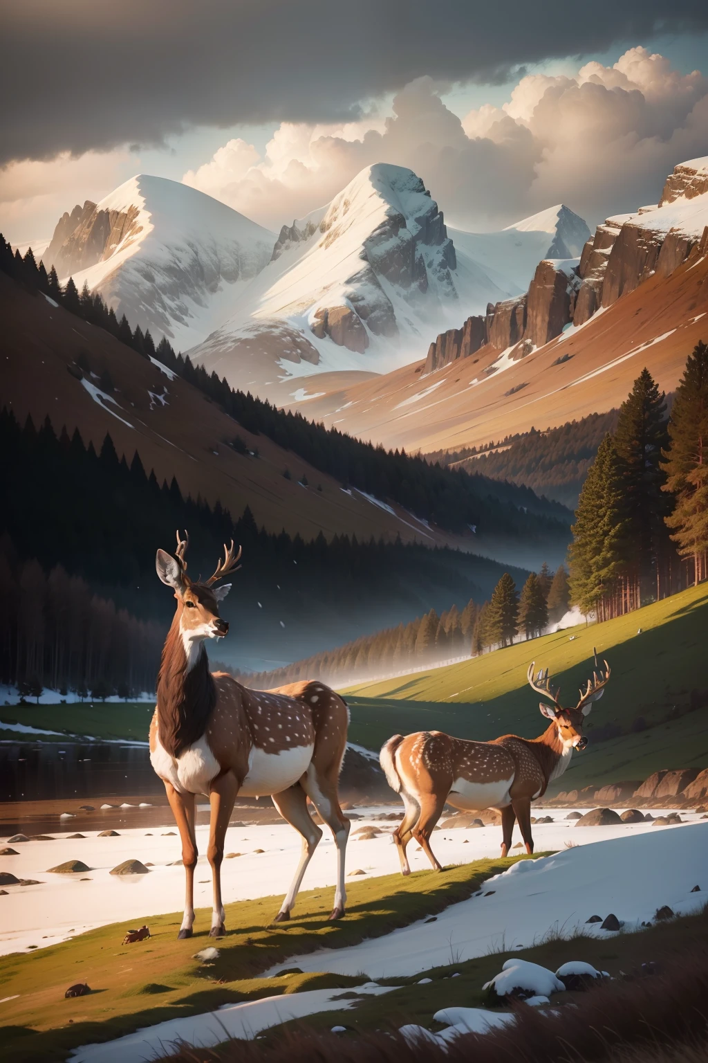 A large herd of regal red deers standing on a beach in English countryside looking away into the greenery in background, wide shot, subject : regal red deers looking away, snowfall, snow covered mountains, rainbow in sky, England countryside landscape, overcast, candid photo, national geographic, cinematic, countryside, curious animals, English, sunset, beautiful landscape, vibrant sky, (((greenery))), (((wide shot))), wildlife, hyper realistic photo, 8k, high resolution, clear faces, deer fur, realistic