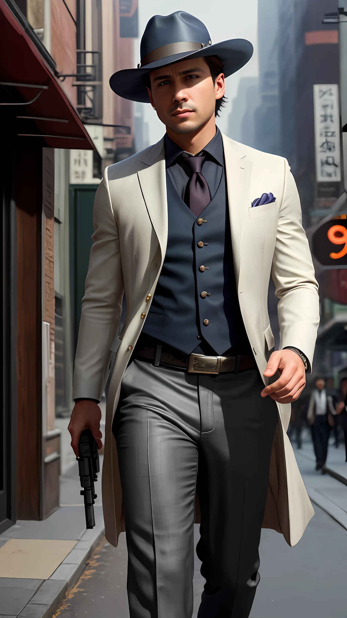 photo of (MCHasDex:0.99), a man as a detective, (walking down a street at night), (holstered gun), modelshoot style, (extremely detailed CG unity 8k wallpaper), photo of the most beautiful artwork in the world, professional majestic oil painting by Ed Blinkey, Atey Ghailan, Studio Ghibli, by Jeremy Mann, Greg Manchess, Antonio Moro, trending on ArtStation, trending on CGSociety, Intricate, High Detail, Sharp focus, dramatic, photorealistic painting art by midjourney and greg rutkowski, (wearing a fedora:1.1), (looking at viewer), (detailed pupils:1.3), closeup