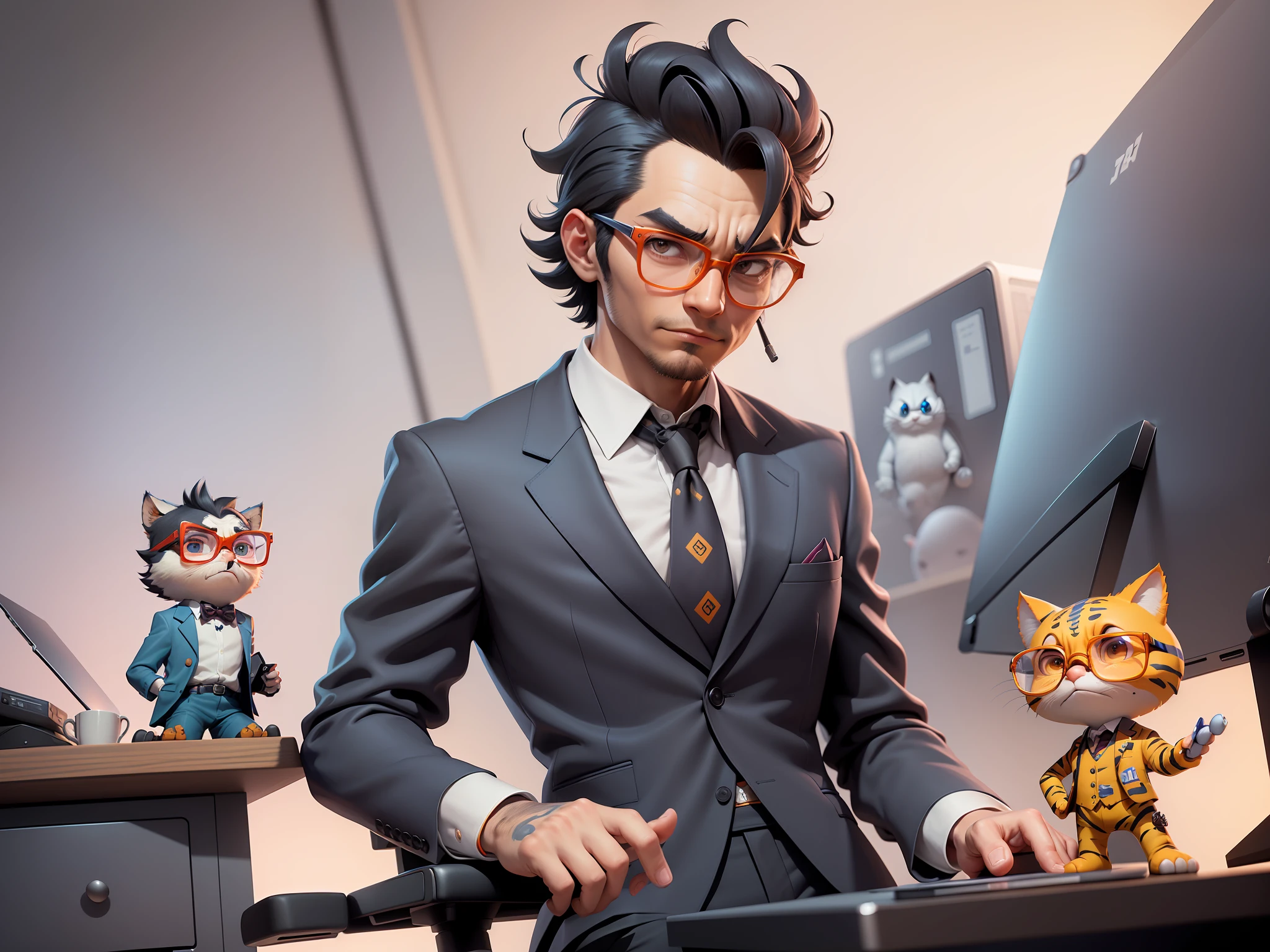 A young man in a suit and pants, Short hair and glasses sat at his desk,holding laptop,digitial painting,tigre,3D character design by Mark Clairen and Pixar and Hayao Miyazaki and Akira Toriyama,4K HD illustration,Very detailed facial features and cartoon-style visuals。