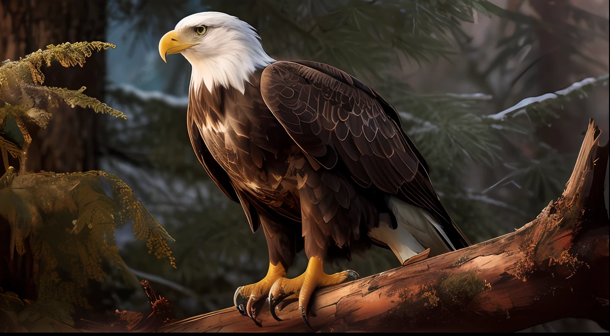 There is a bald eagle perched on a branch in the forest, an eagle, aquila, bald eagle, Directed by: Laszlo Balogh, olhar orgulhoso, eagles, fazendo uma pose majestosa quente, Altamente detalhado e realista, ultra realistic illustration, altamente detalhado realista, realistic illustration, Detalhes extremamente altos!!, altamente realista e detalhado, arte realista, animal altamente detalhado