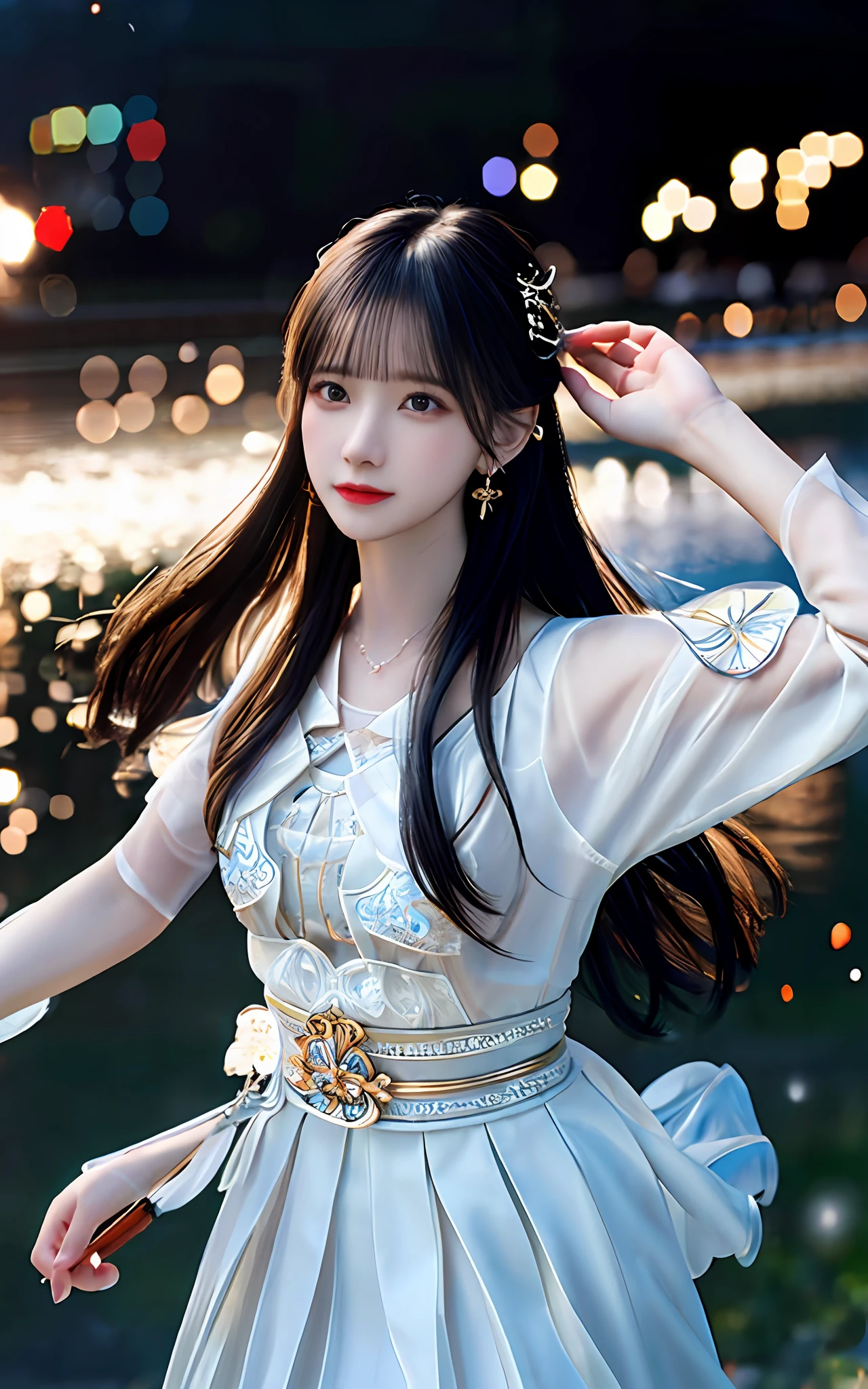 (realisticity: 1.2), best quality,masterpiece,highres,cg,
1girl,weapon,sword,long hair,dress,water,solo,jewelry,white dress,earrings,hair ornament,splashing,upper body,hair bun,black hair,
lighting,candid,Photograph,high resolution,4k,8k,Bokeh,