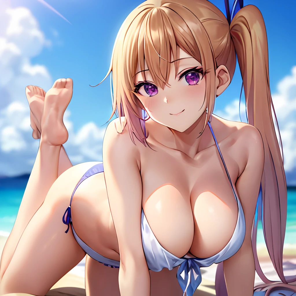 Masterpiece,(Best quality) 1womanl,1girll ,creampie,Mai Kawakami, Blonde hair，Exposed flesh，long whitr hair，Side ponytail,Purple eyes,(Naked:1.3)（Clear bikini：1.4），(Blushing face：1.4），Smiling，Cowboy shot, ((G cup))，Pink，Cock your ass，angle from behind，The eyes have starlight，cabelos preto e longos，spread thighs，florals，Bow knot,Blushlush，Playing in the water