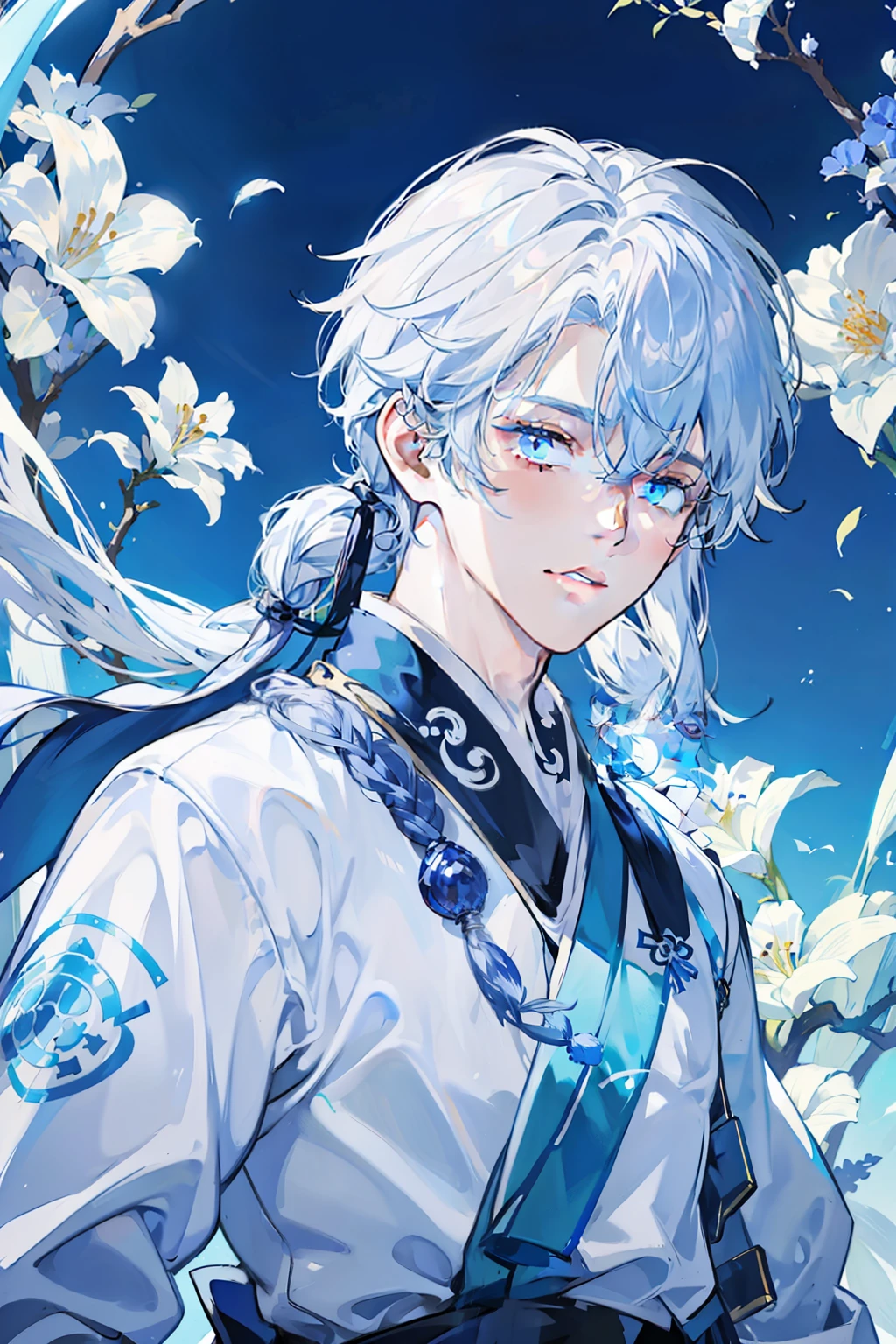 Draw a cold young male avatar，wearing a hanfu，Blue and white are the main colors，The pose is located on the left side，Has long white hair，One-man image drawn in 2D style。