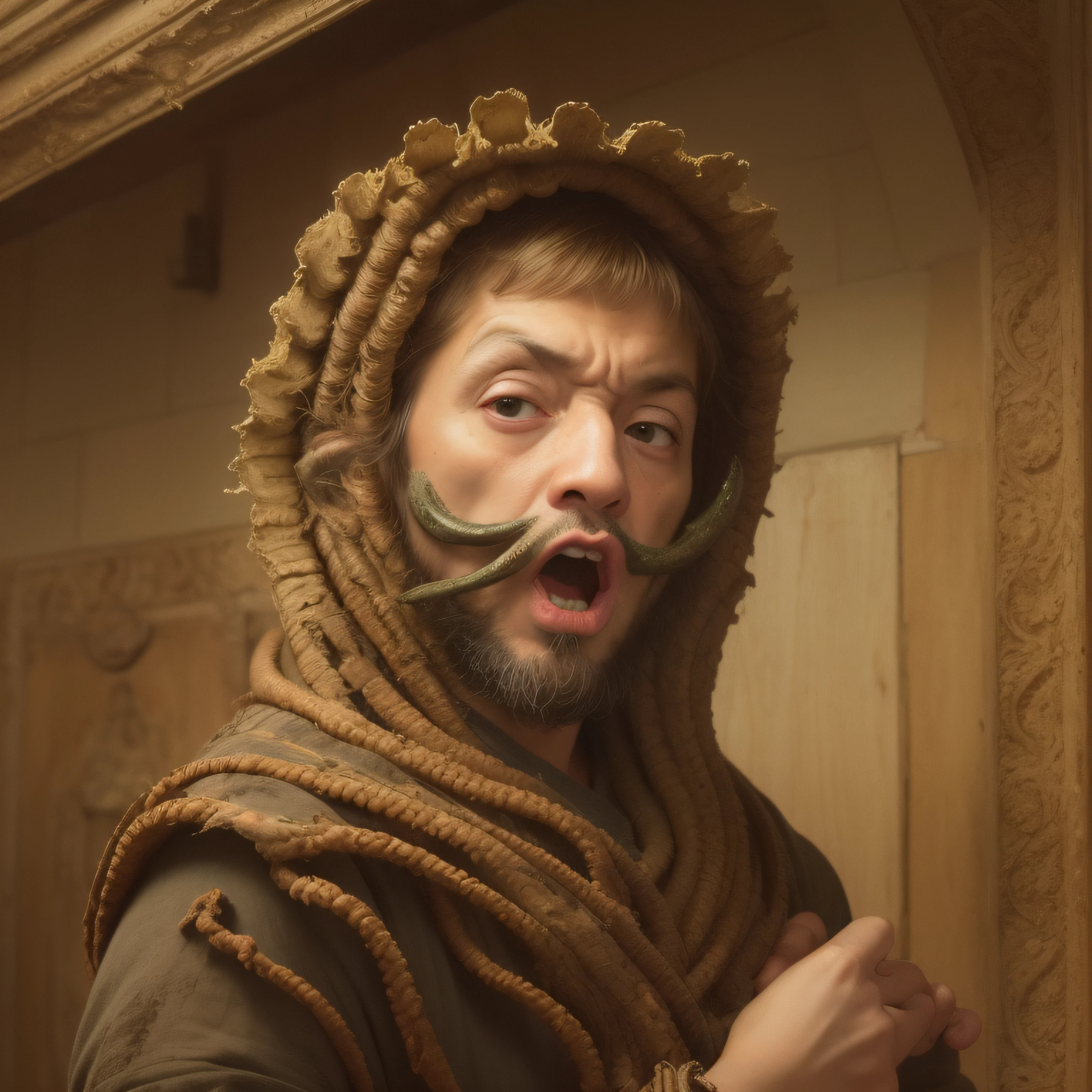 (extremadamente detallado, obra maestra, La mejor calidad), Estilo oscuro, intense illumination, rostro con arrugas, lengua larga, tentacle, deforme, monstruoso, un muerto con Colmillos finos, momia amenazante. Rococo composition. Luz de caravaggio