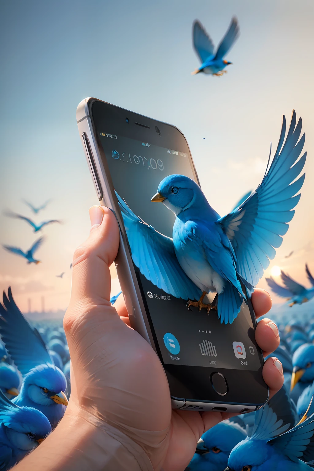 (holding smartphone:1.5),( Blue bird spreads its wings:1.2), (A blue bird flies away from a smartphone:1.3), (Flock of blue birds in the sky:1.1), Ultra-detailed, High resolution, extremely details CG, Detailed background,