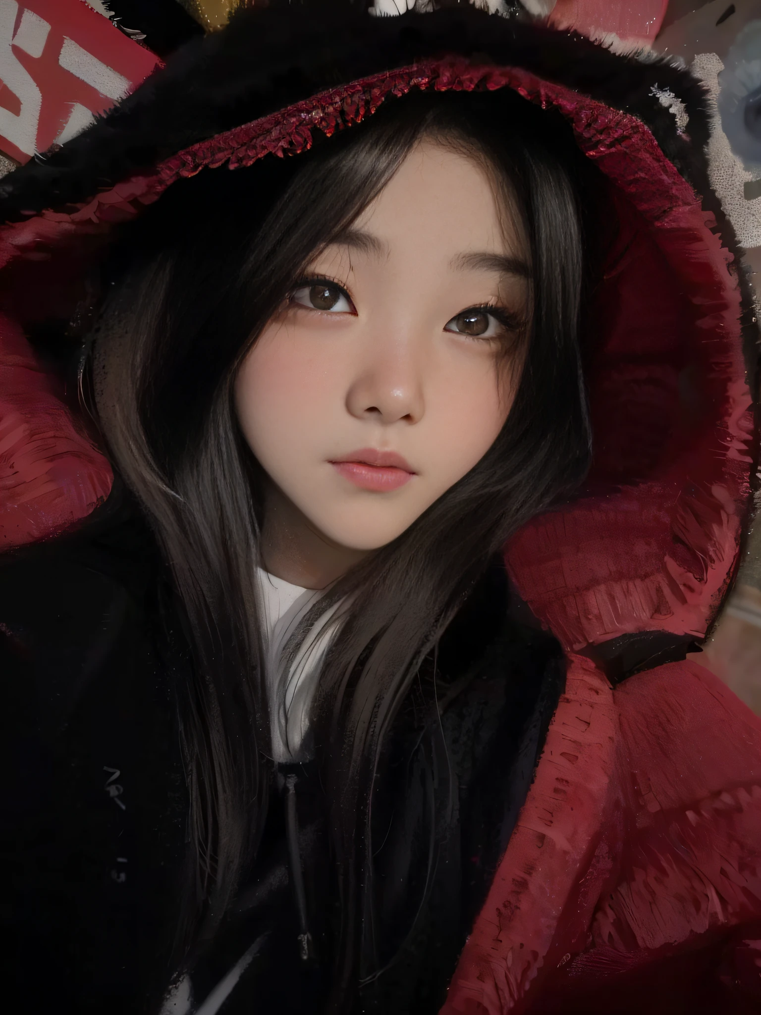Allafed asian woman in red and black hoodie, ulzzangs, wan adorable korean face, black haired girl wearing hoodie, She has a cute face, young cute wan asian face, 19-year-old girl, girl wearing hoodie, 🤤 girl portrait, xintong chen, Ruan cute vtuber, young lovely Korean faces, shikamimi