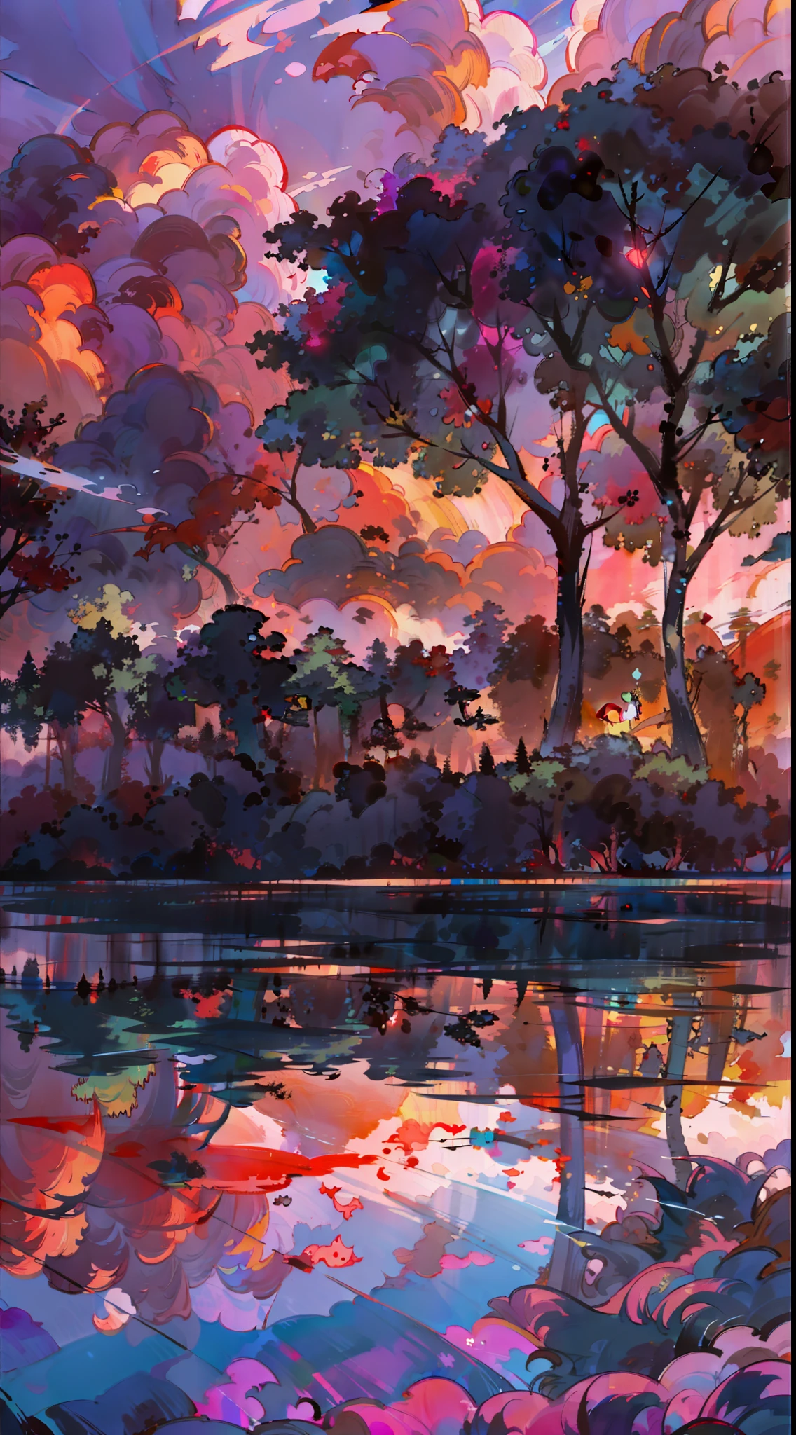 A surreal masterpiece,It presents a beautiful and spectacular view of dusk。Lakes and trees form the background,Accompanied by colorful sunsets and fantastic sky reflections。The beautiful sky blends in with the color of the lake,It's like a flame。This 8K picture creates a fantastic atmosphere,Colorful clouds are suspended in it,Create surreal visual experiences,Ultra-clear 8K,Hyper-detailing