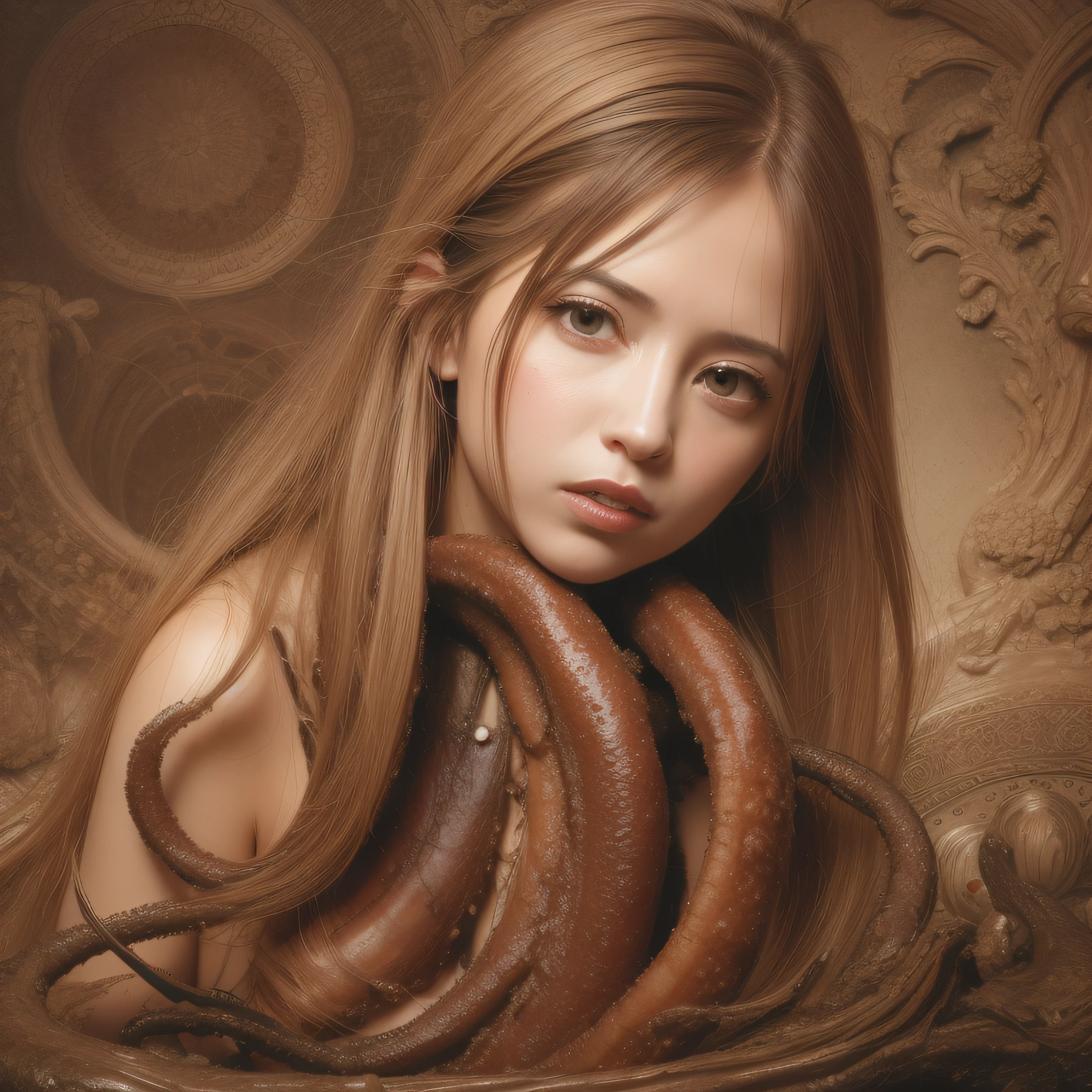 (extremadamente detallado, obra maestra, La mejor calidad), Estilo oscuro, intense illumination, rostro con arrugas, lengua larga, tentacle, deforme, monstruoso, alien con Colmillos finos, pico de pulpo amenazante. manchas de tinta. Rococo composition. Luz de caravaggio