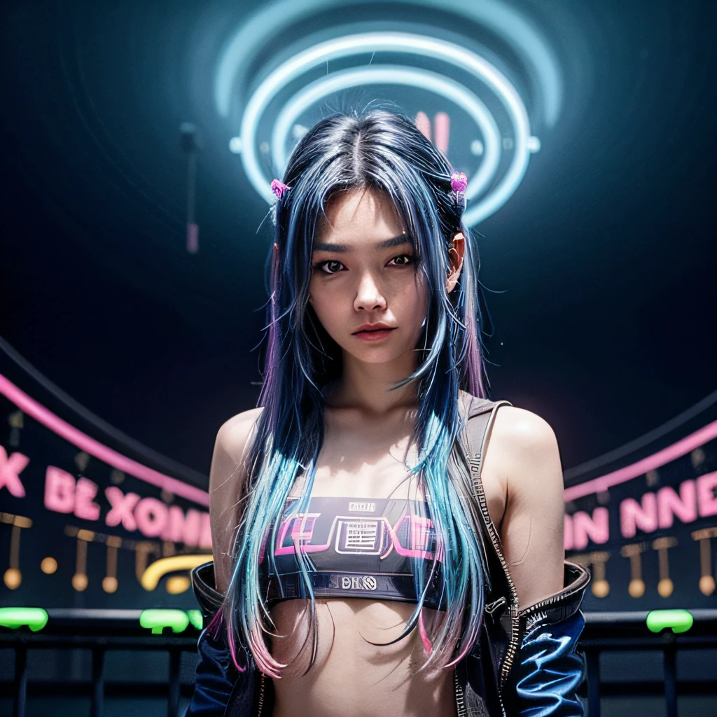 (Masterpiece), Best quality, 超高分辨率,Little girl, Cyberpunk, 1girll, Amazing city views ,Hoodie,Blue hair,   Very long hair, cropped shoulders, Intricate hair ornaments with feathers, (Gradient neon color:1.5), twinkle, Cinematic lighting, Photorealistic, Realistic skin, hdr,  fish eye