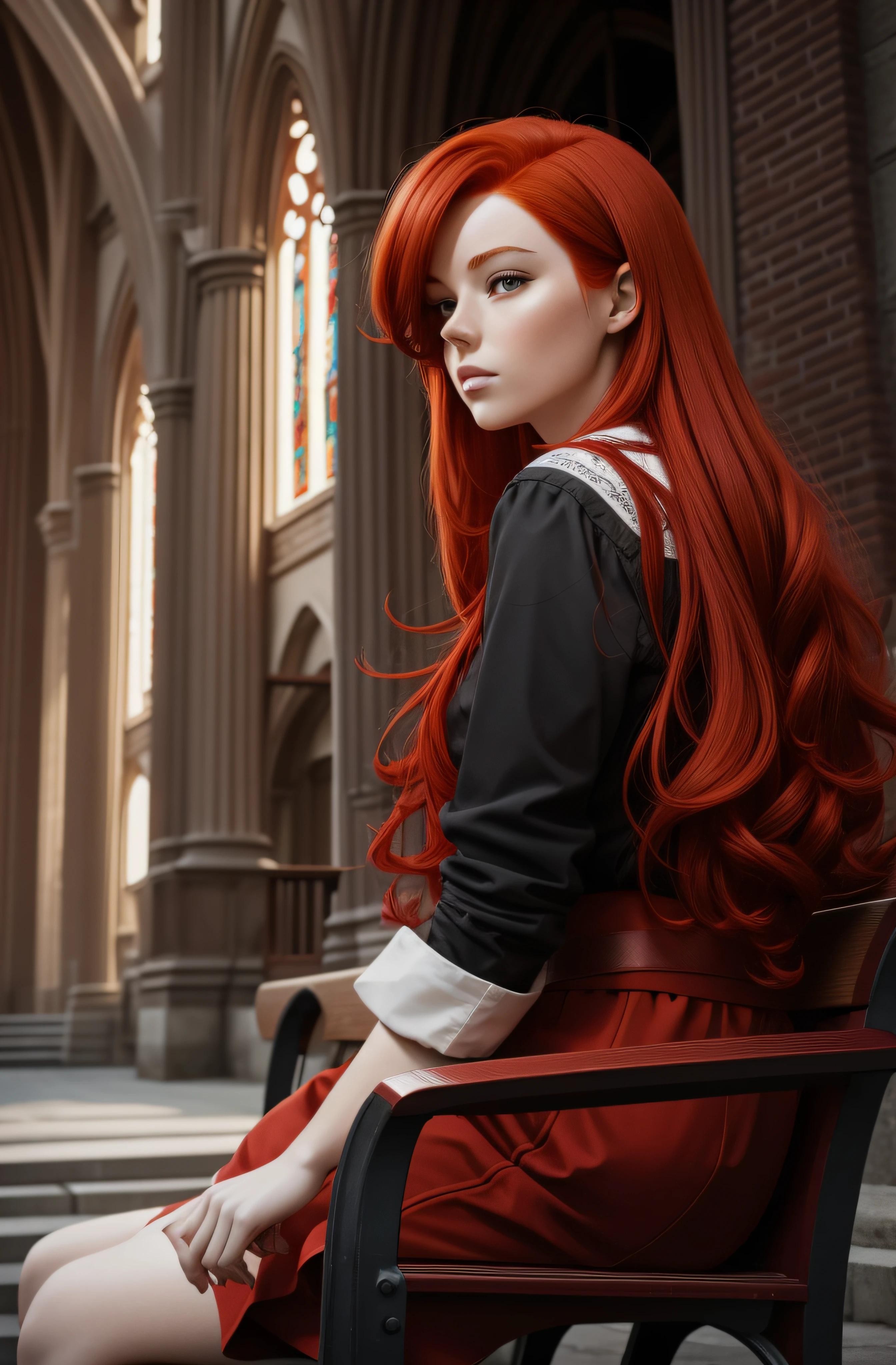 Woman with red hair sitting on a bench in front of a church, red hair and attractive facial features, redhead hair, Dramatic hair color, with red hair, Woman with red hair, Strong red tint, light red hair, Long red hair, red long hair, Red wig, a redheaded young woman, soft red hair