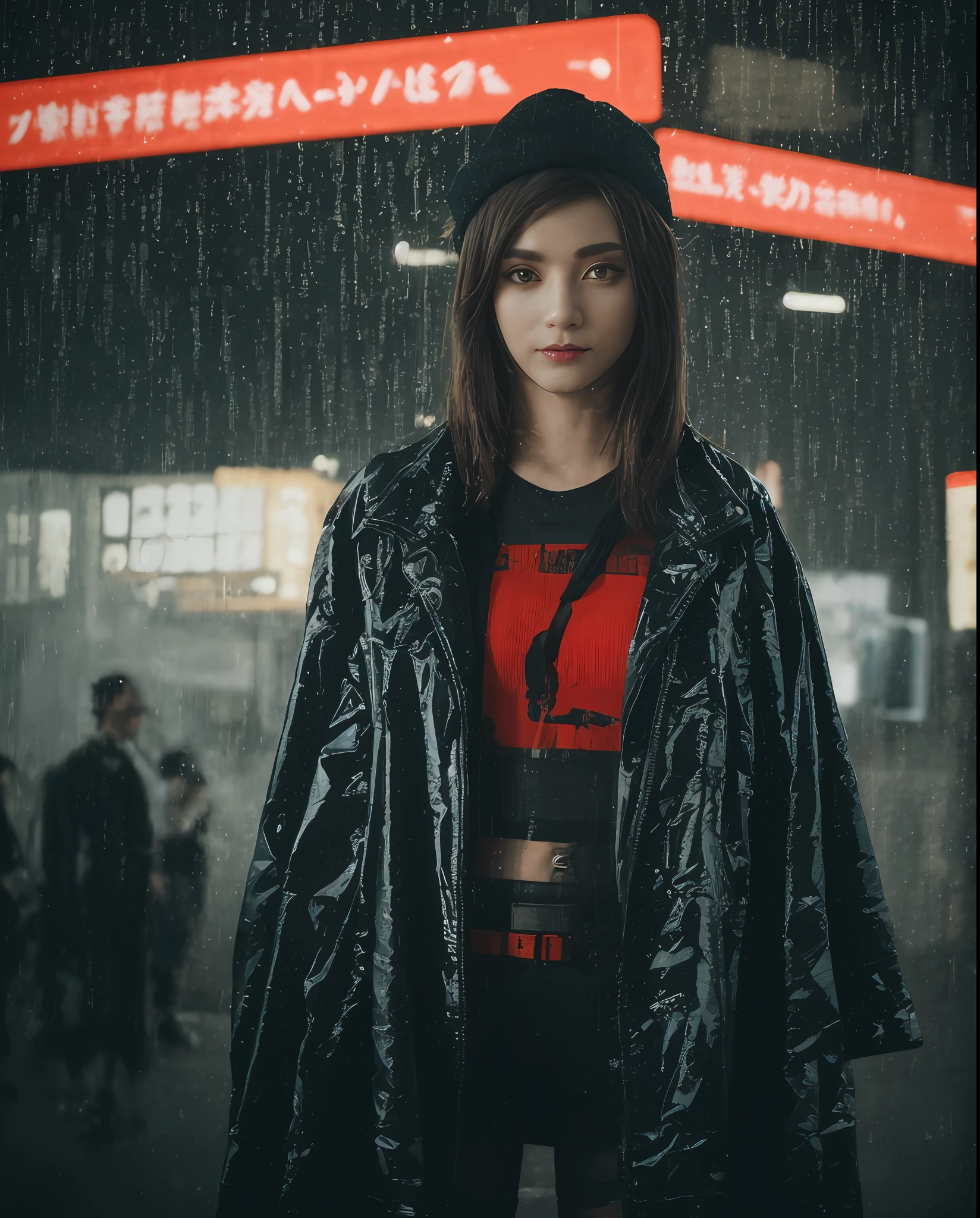 Half body, masterpiece, best quality, (((solo))), (colorfull hair), (half buzz cut hair), luminous eyes, cyberpunk, (white thighhighs),lens flare, depth of field, (wide shot, fisheye:0.85), cyborg arms, crop top, (Highest quality:1.3), (sharp focus:1.5), (photorealistic:1.3), (skin_textures:1.15), (detailed face), (high detailed skin:1.2), (glistening skin:1.15), glossy, (cyborg arms:1.2) baseball caps, kimono tech, japanese, cyberpunk street, roftop, (nights:1.2), fog, wet, (rain:1.2), film grain