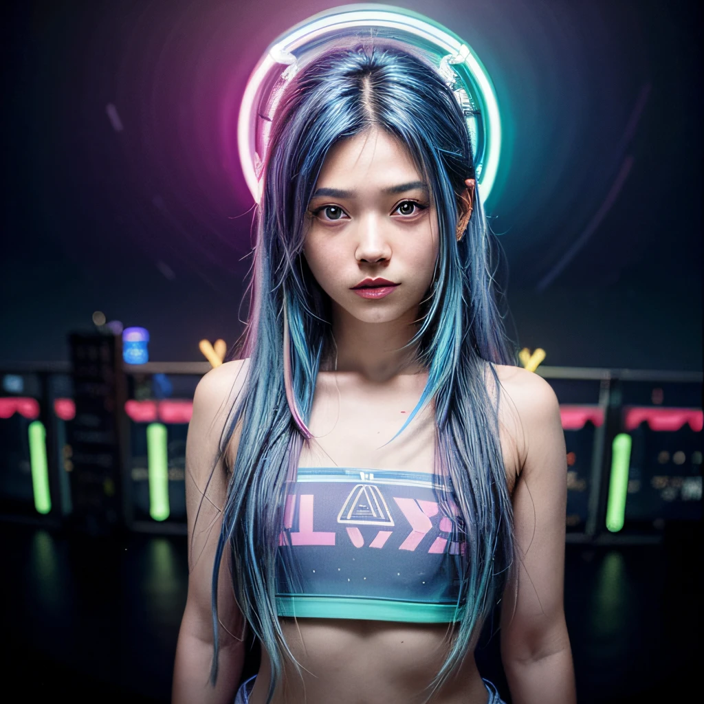 (Masterpiece), Best quality, 超高分辨率,, Cyberpunk, 1girll, Amazing city views ,Hoodie,Blue hair, Very long hair, cropped shoulders, Intricate hair ornaments with feathers, (Gradient neon color:1.5), twinkle, Cinematic lighting, Photorealistic, Realistic skin, hdr, fish eye