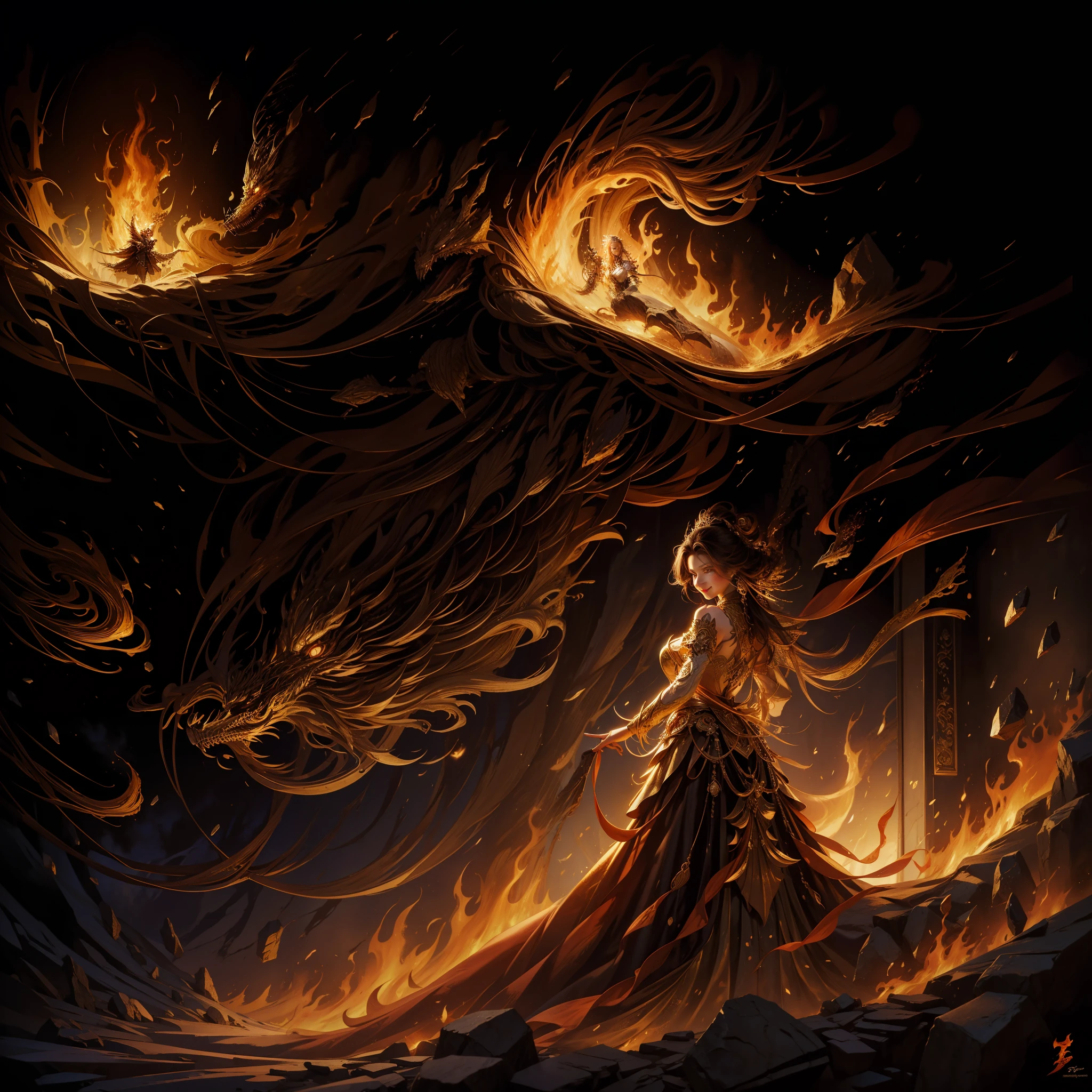 （tmasterpiece，top Quority，best qualtiy，offcial art，）offcial art，Extremely detailed，Beautiful woman，Winding flames，the woods，Beast clothing，A confident smile，