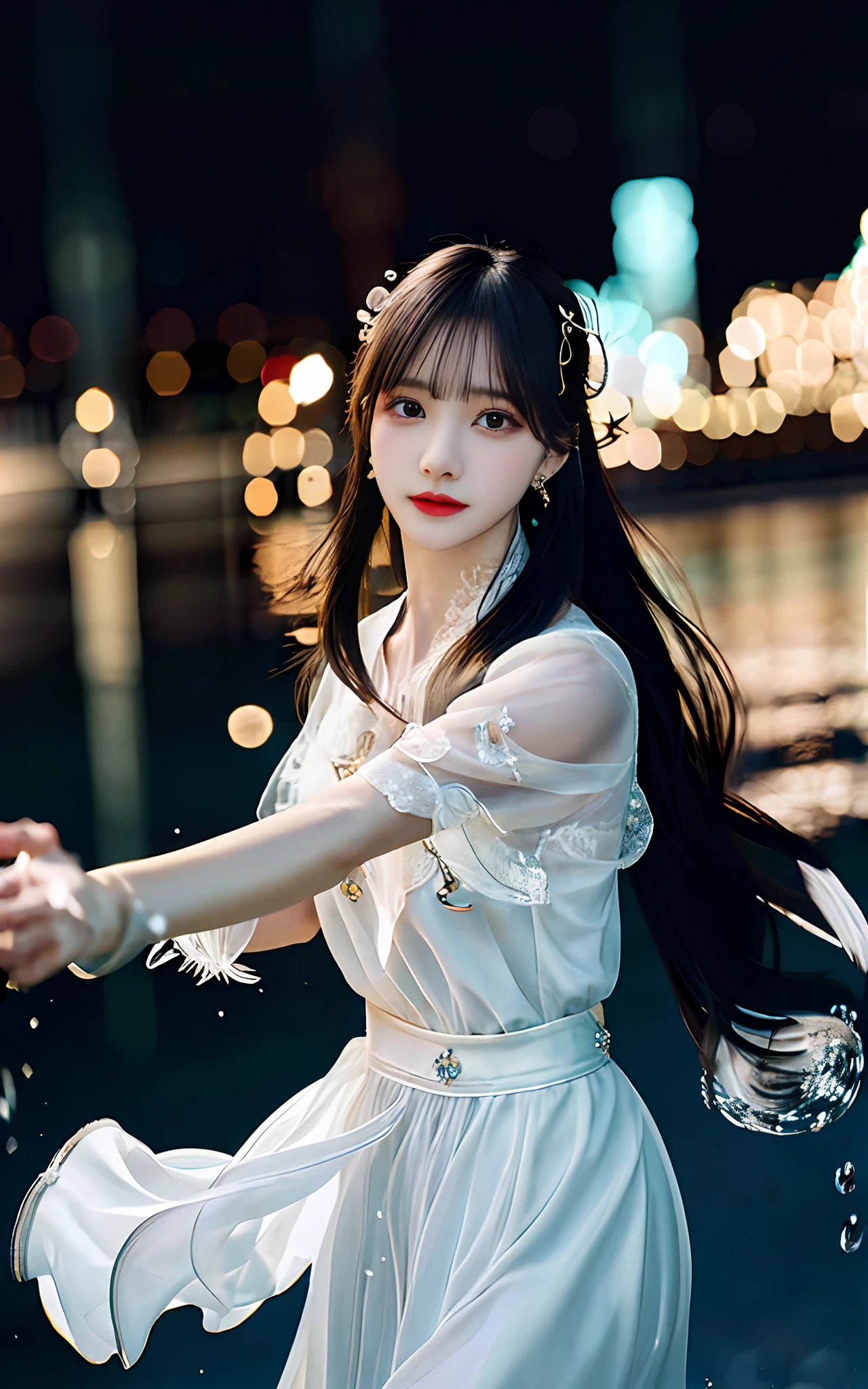 (realisticity: 1.2), best quality,masterpiece,highres,cg,
1girl,weapon,sword,long hair,dress,water,solo,jewelry,white dress,earrings,hair ornament,splashing,upper body,hair bun,black hair,
lighting,candid,Photograph,high resolution,4k,8k,Bokeh,