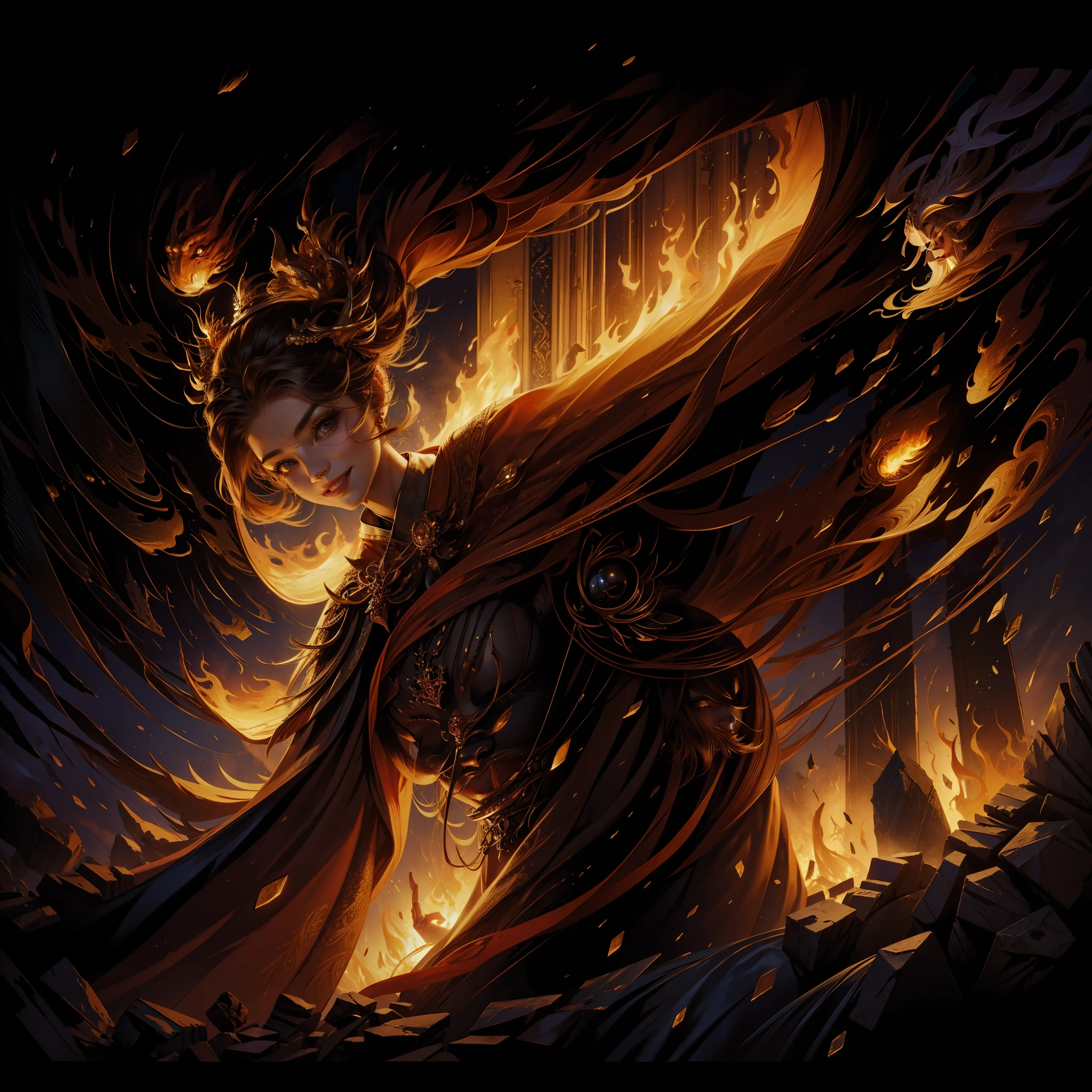 (tmasterpiece,top Quority,best qualtiy,offcial art,)offcial art,Extremely detailed,Beautiful woman,Winding flames,the woods,Beast clothing,A confident smile,