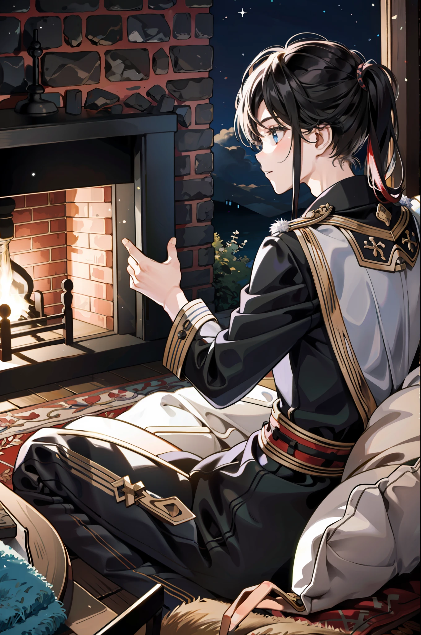 The back of the girl sitting,Sit cross-legged on the carpet,Stone cottage,nigth,Sit in front of the fireplace,Back Shadow,cabelos preto e longos
