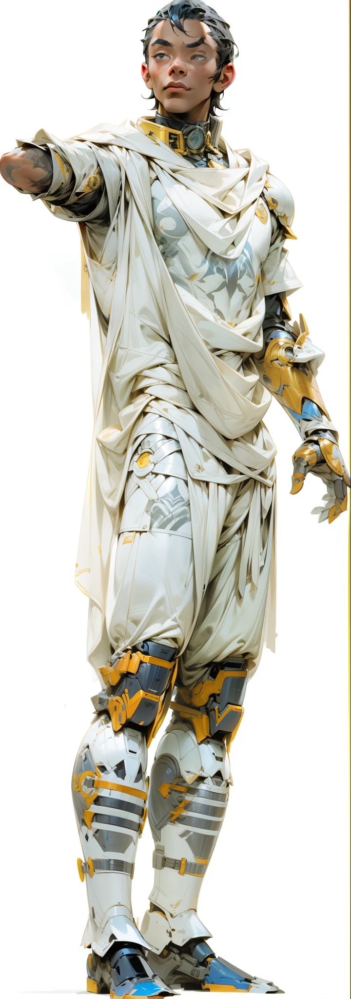 Draw the characters in the picture as superheroes,Change your character's outfit,Make it similar to the armor of the Moonlight Knight,Black and white color scheme,The entire fuselage was replaced by a conjoined mech,The figure is male,The clothes are short-sleeved,with tattoos