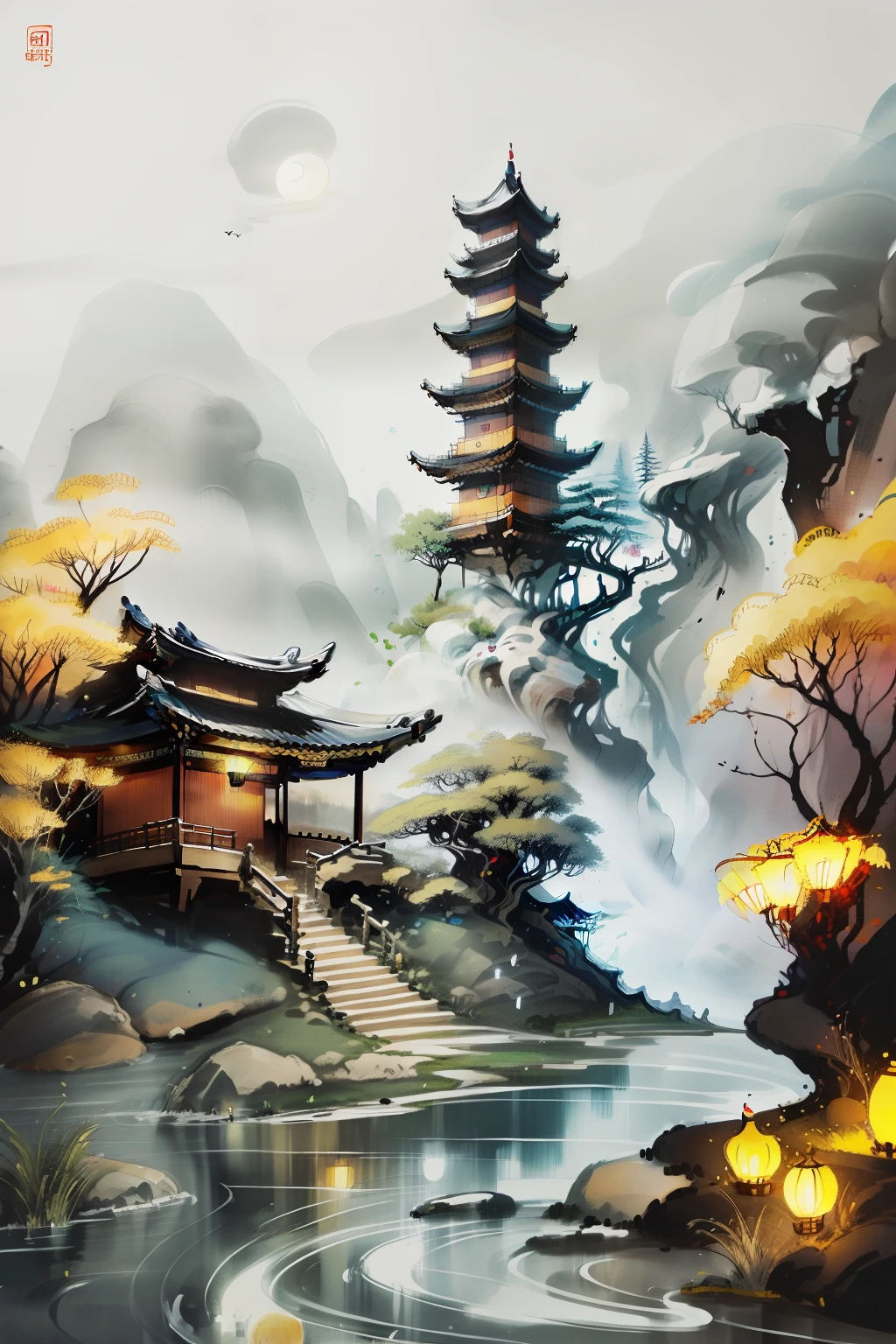 tmasterpiece,best qualityer,Chinese martial arts style,Palace with lanterns,beautiful night scene,(( (Chinese martial arts style))), The sky is vast, Even the mountain cliffs, ink wash style, Contour light, Atmospheric atmosphere, depth of fields, The fog rises, bamboos, pines, Octagonal stone pavilion, Flying waterfalls, large full moon,(colorless),Mono Color,Light shades,
