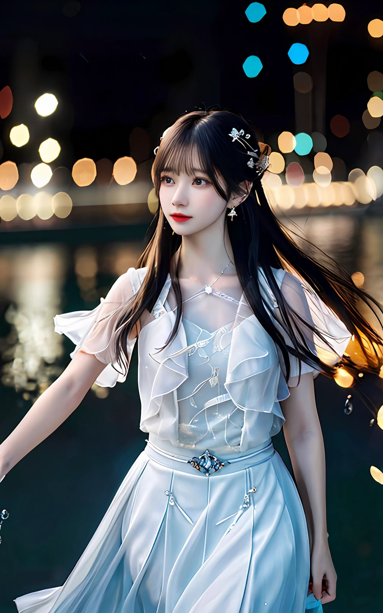 (realisticity: 1.2), best quality,masterpiece,highres,cg,
1girl,weapon,sword,long hair,dress,water,solo,jewelry,white dress,earrings,hair ornament,splashing,upper body,hair bun,black hair,
lighting,candid,Photograph,high resolution,4k,8k,Bokeh,