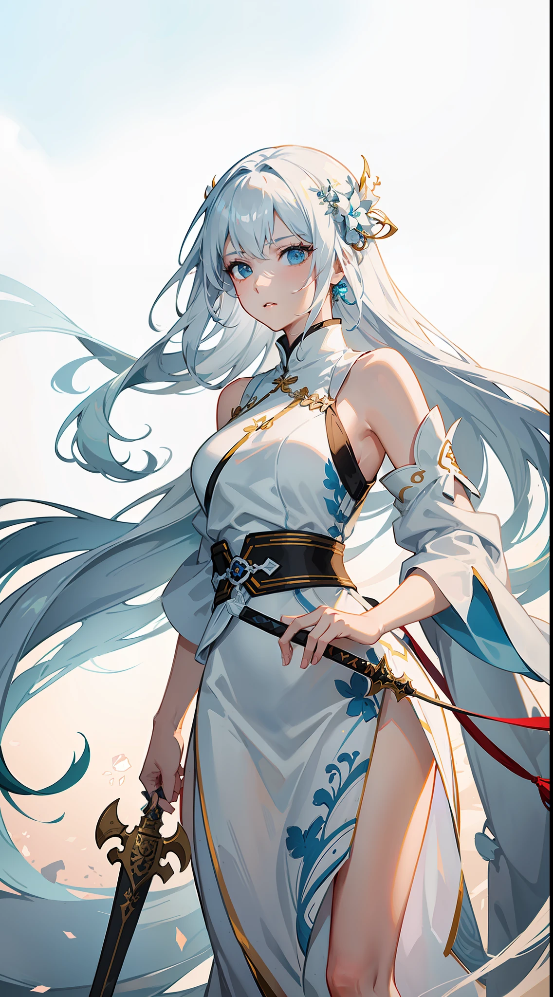 a close up of a woman with a sword in a white dress, a character portrait by Yang J, trending on cgsociety, fantasy art, beautiful character painting, artwork in the style of guweiz, guweiz, white hanfu, flowing white robes, full body wuxia, epic exquisite character art, stunning character art, beautiful female assassin