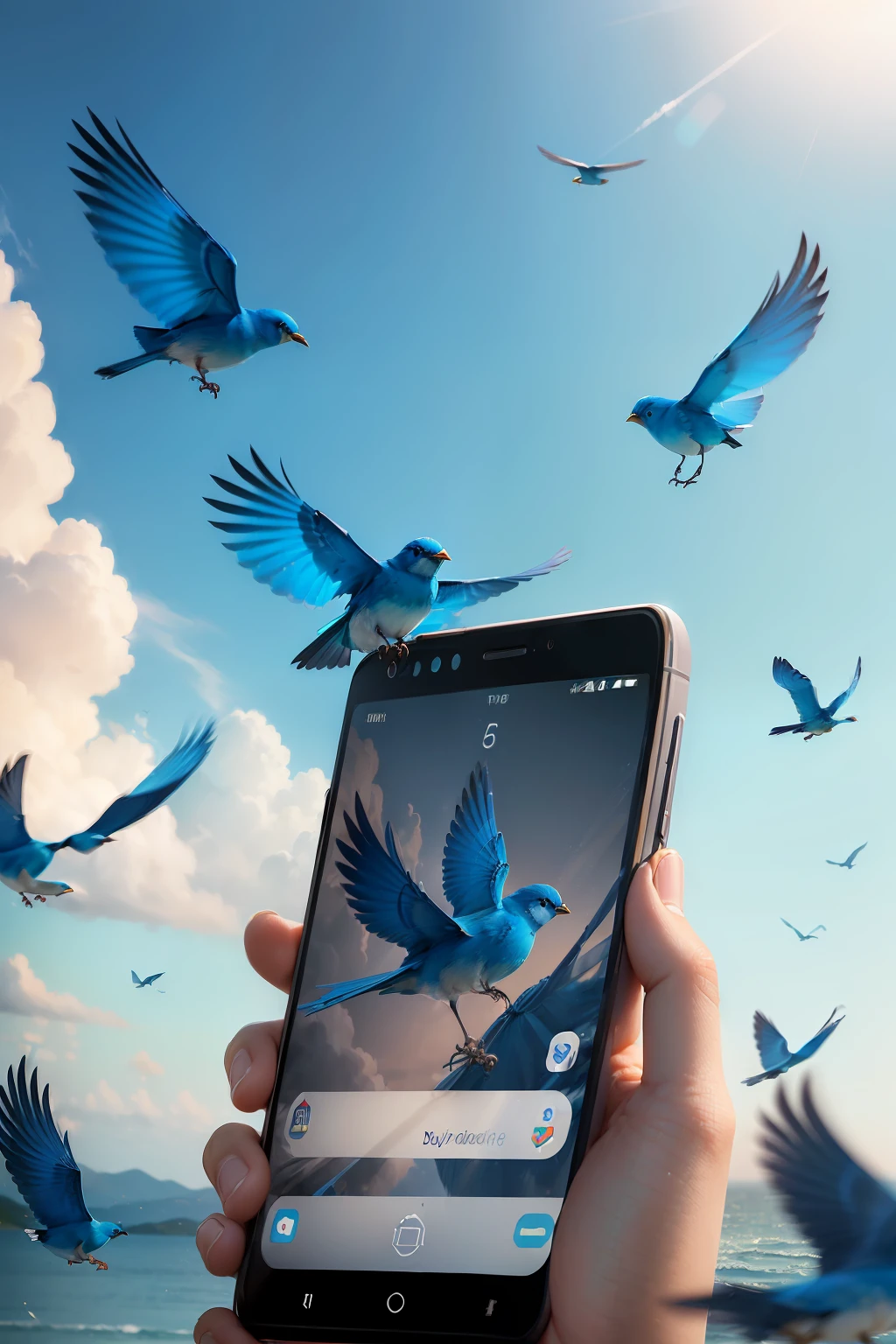 (holding smartphone:1.5),( Blue bird spreads its wings:1.2), (A blue bird flies away from a smartphone:1.3), (Flock of blue birds in the sky:1.1), Ultra-detailed, High resolution, extremely details CG, Detailed background,